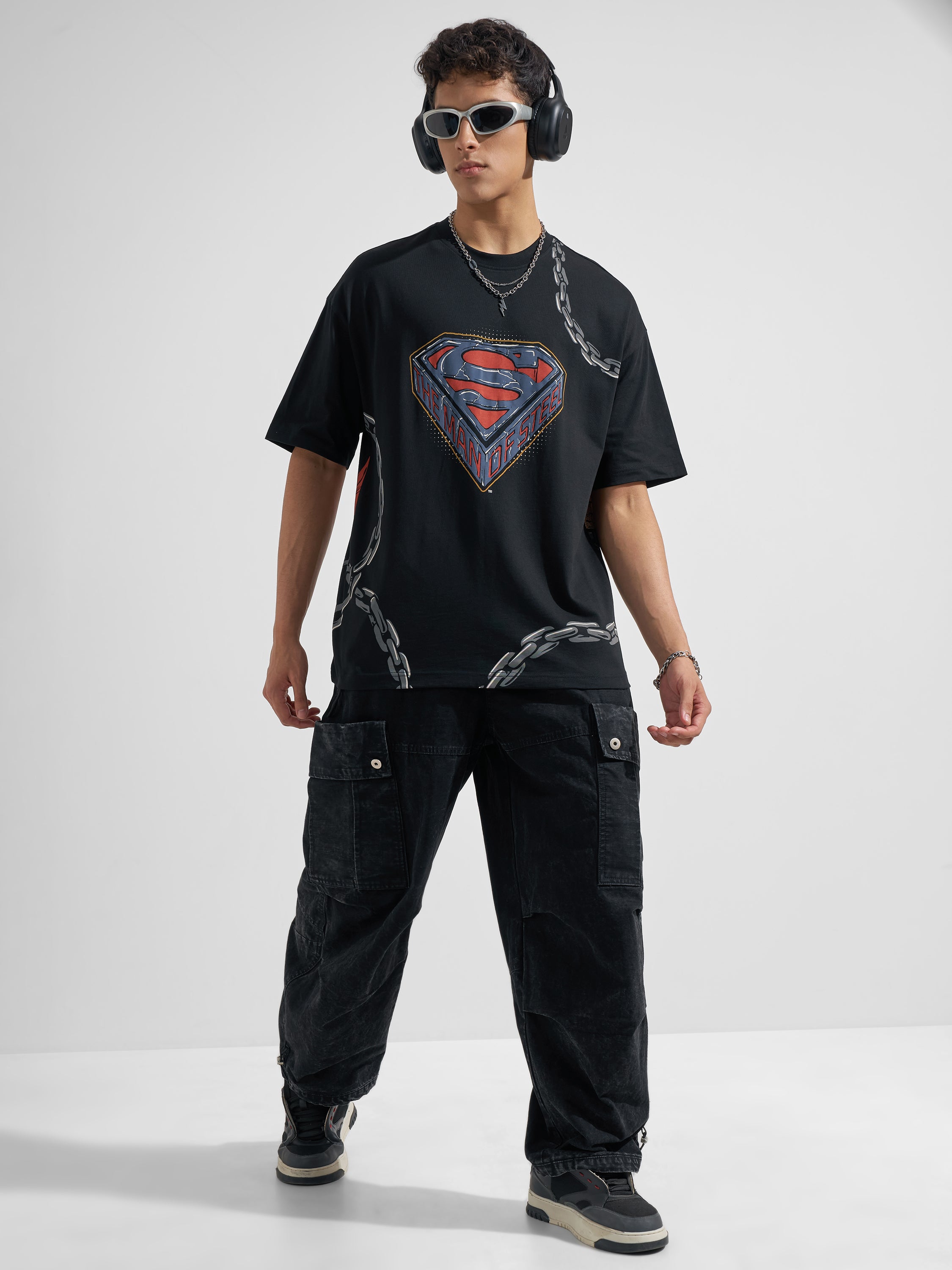 WB By Highlander Men Black Superman Printed Round Neck Oversized Fit T-Shirt