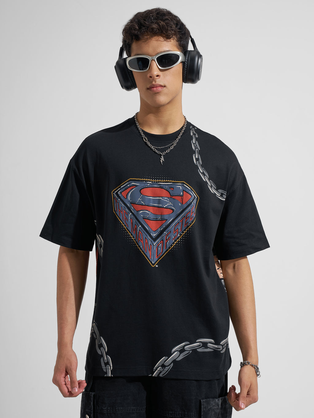 WB By Highlander Men Black Superman Printed Round Neck Oversized Fit T-Shirt