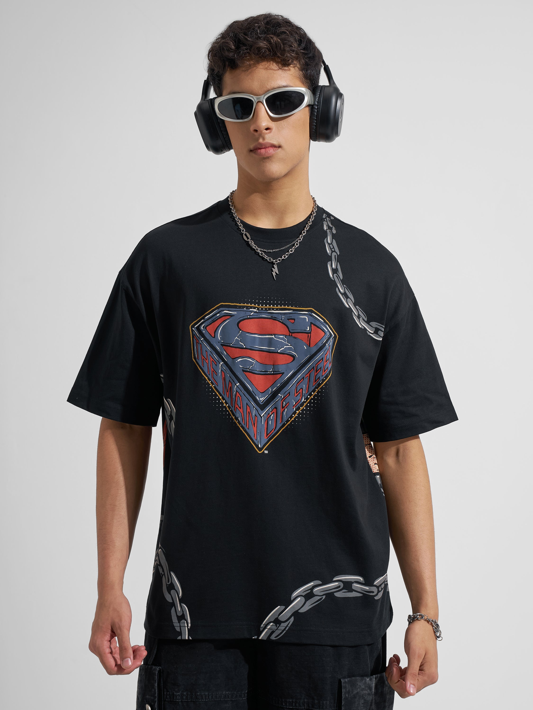 WB By Highlander Men Black Superman Printed Round Neck Oversized Fit T-Shirt