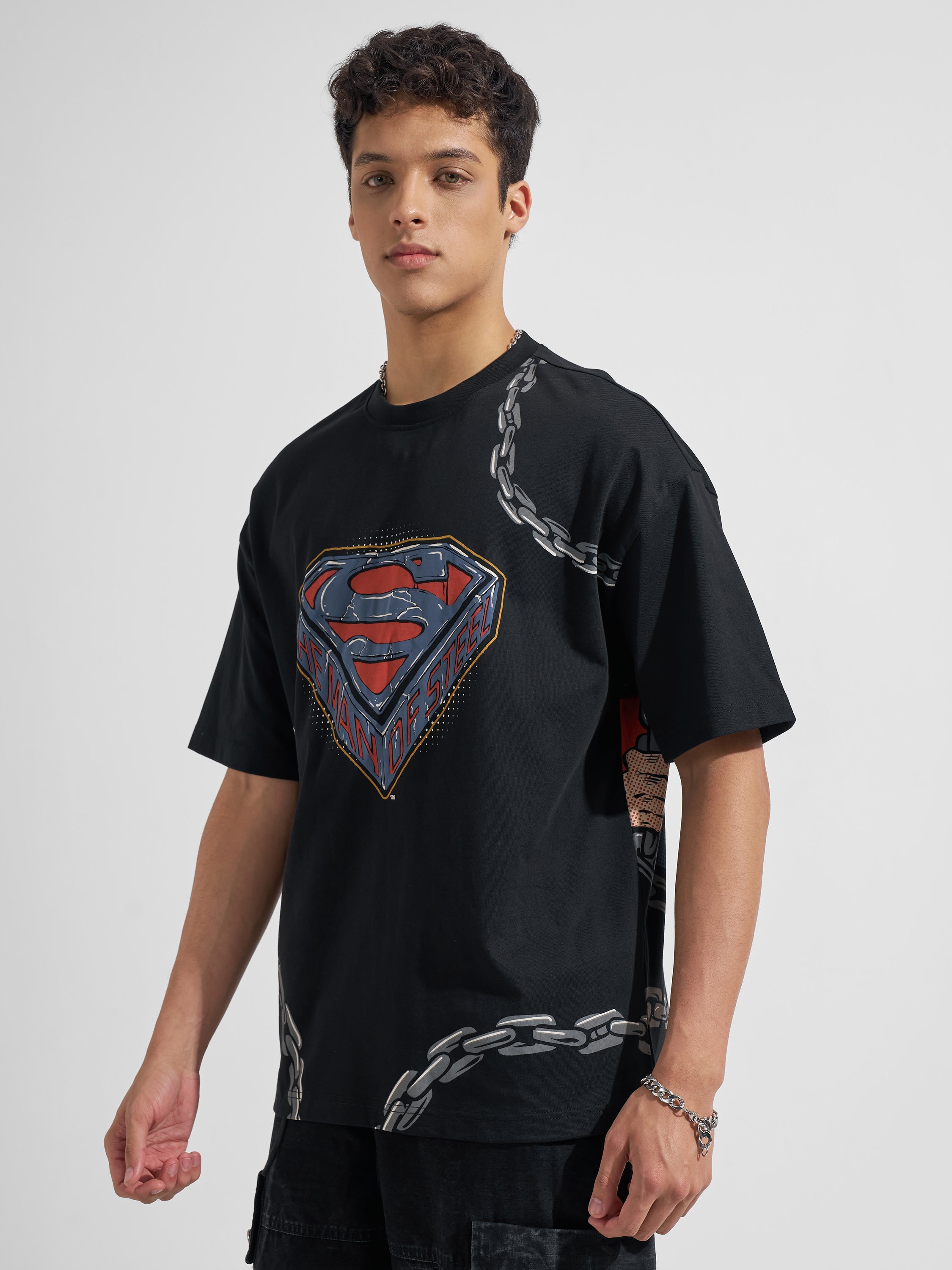 WB By Highlander Men Black Superman Printed Round Neck Oversized Fit T-Shirt