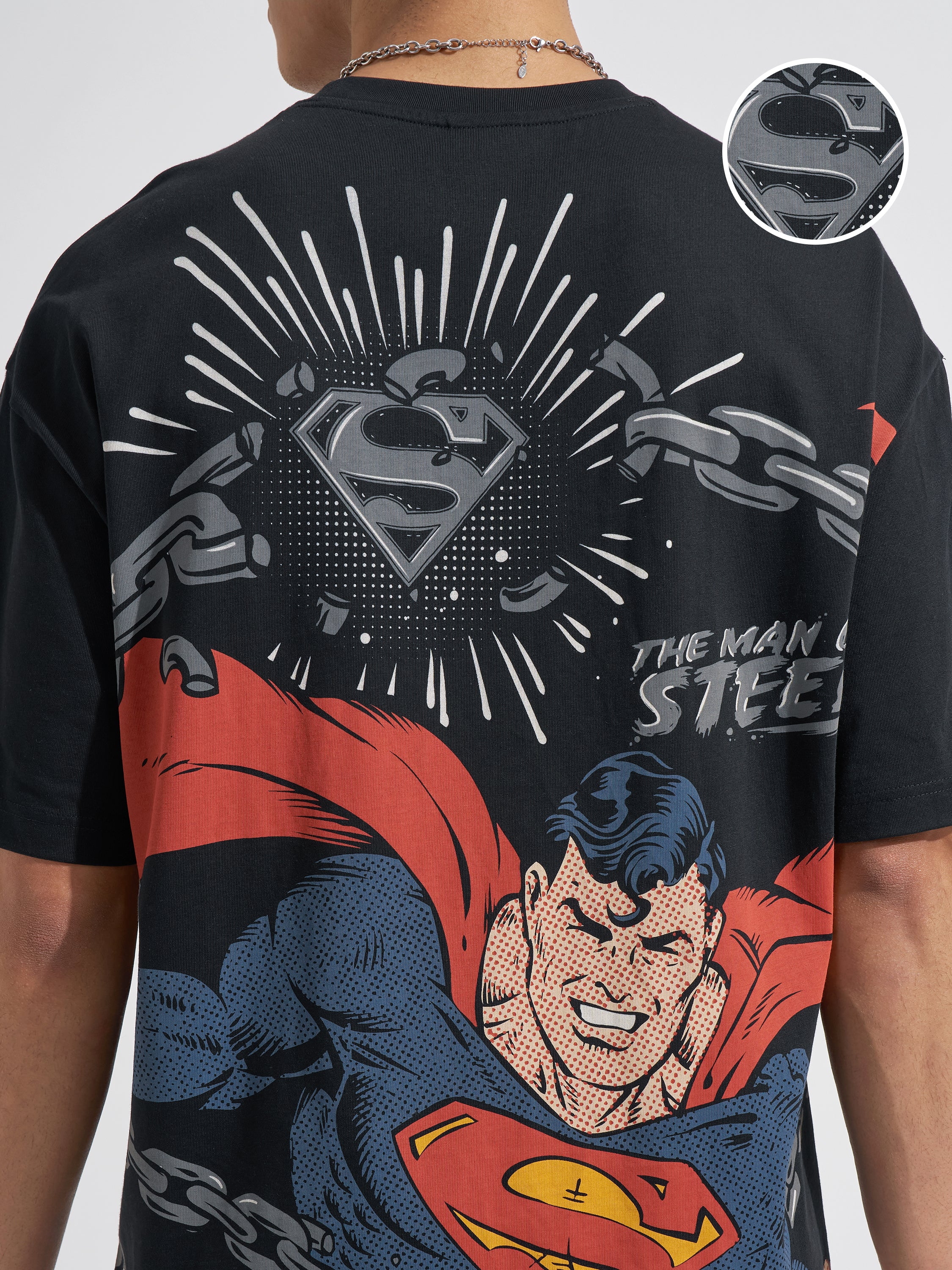 WB By Highlander Men Black Superman Printed Round Neck Oversized Fit T-Shirt
