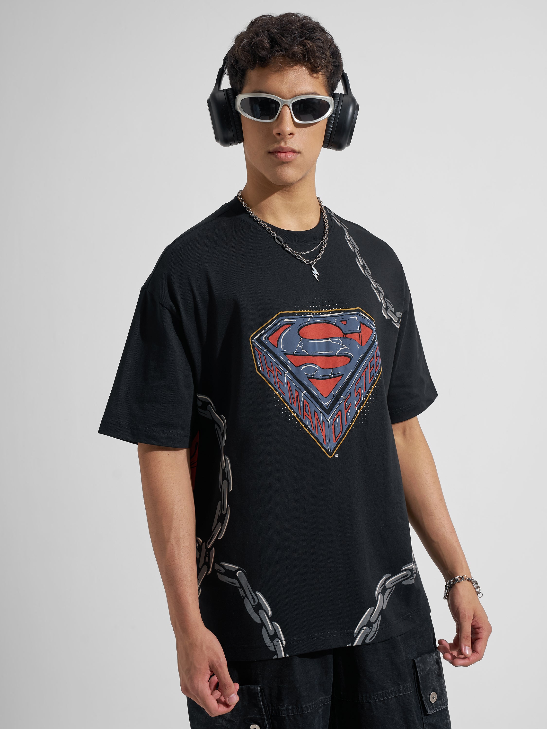 WB By Highlander Men Black Superman Printed Round Neck Oversized Fit T-Shirt