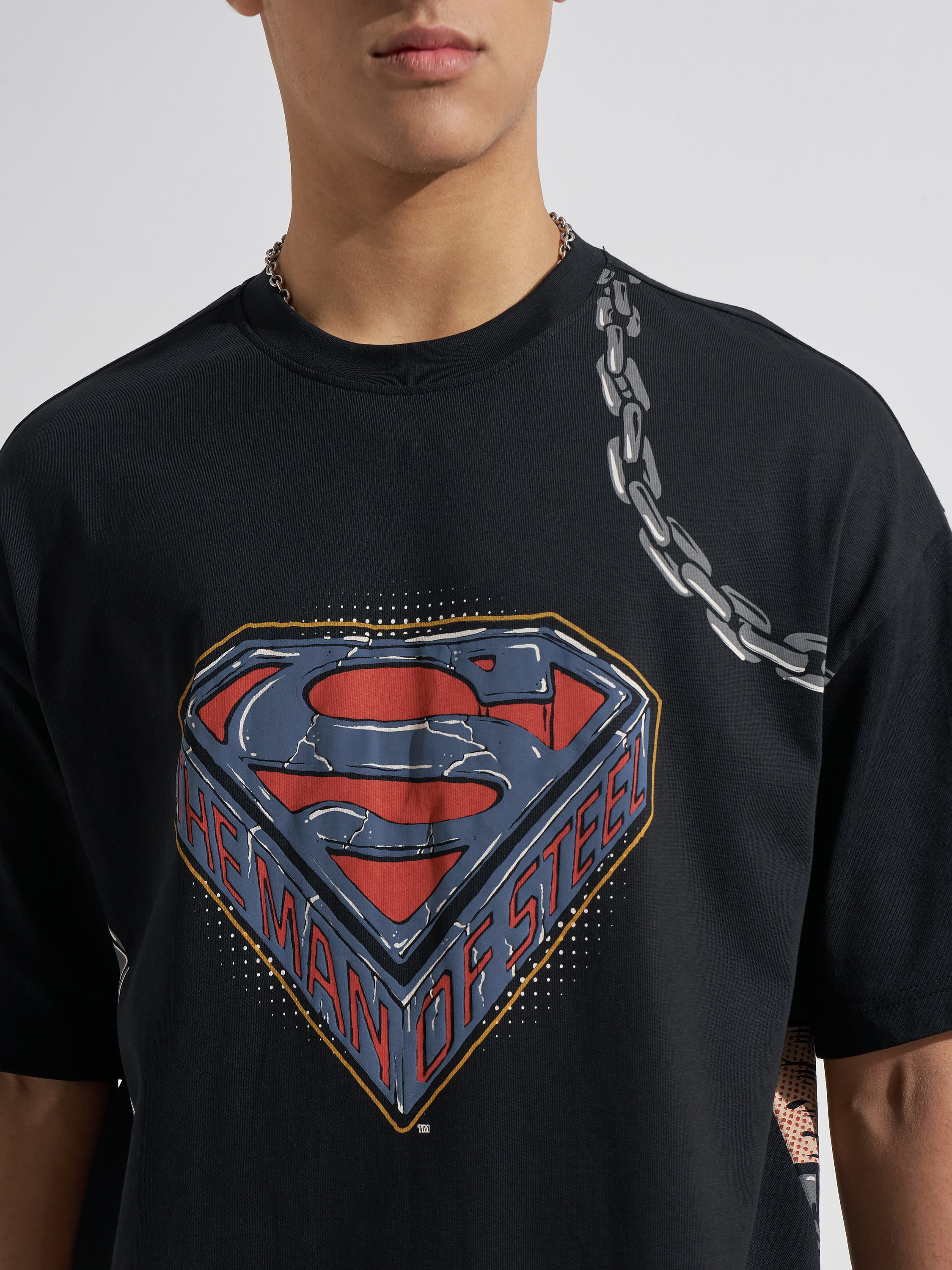 WB By Highlander Men Black Superman Printed Round Neck Oversized Fit T-Shirt