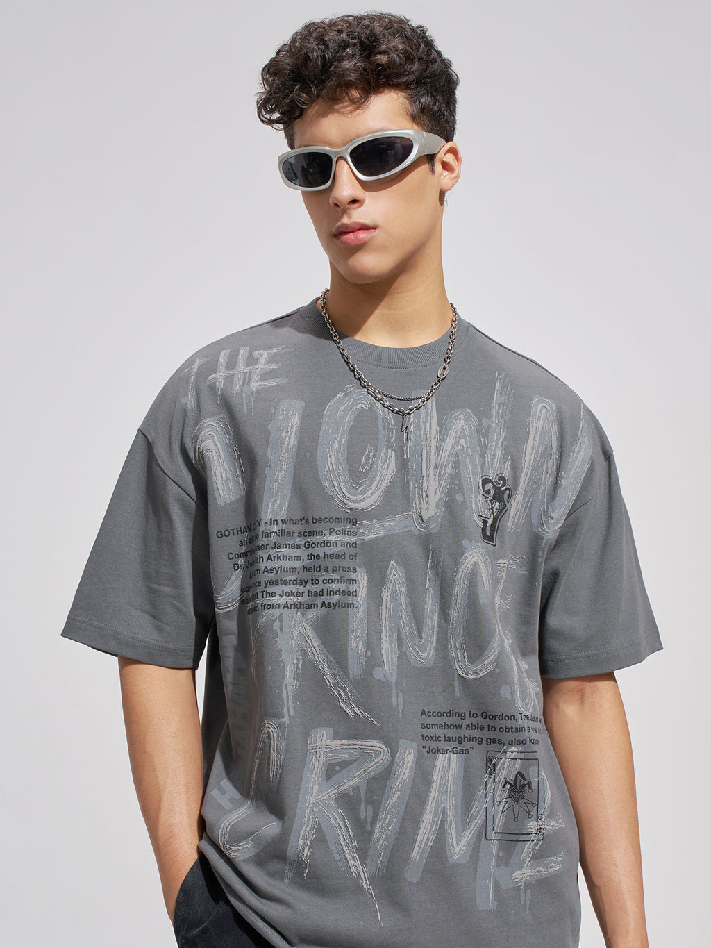 WB By Highlander Men Grey Joker Printed Round Neck Oversized Fit T-Shirt