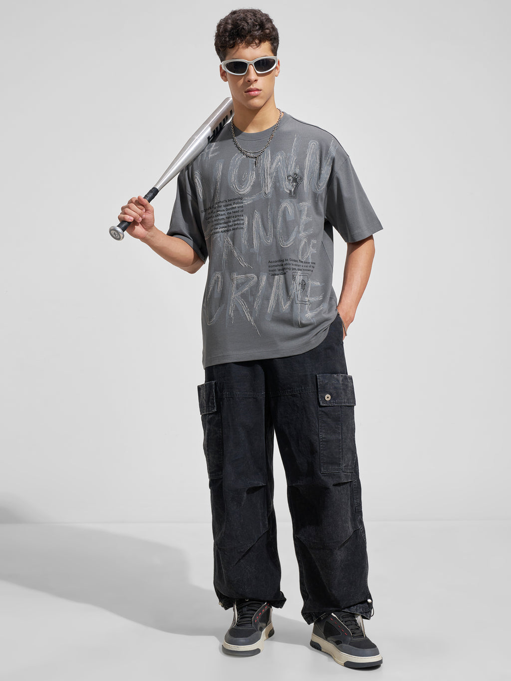WB By Highlander Men Grey Joker Printed Round Neck Oversized Fit T-Shirt