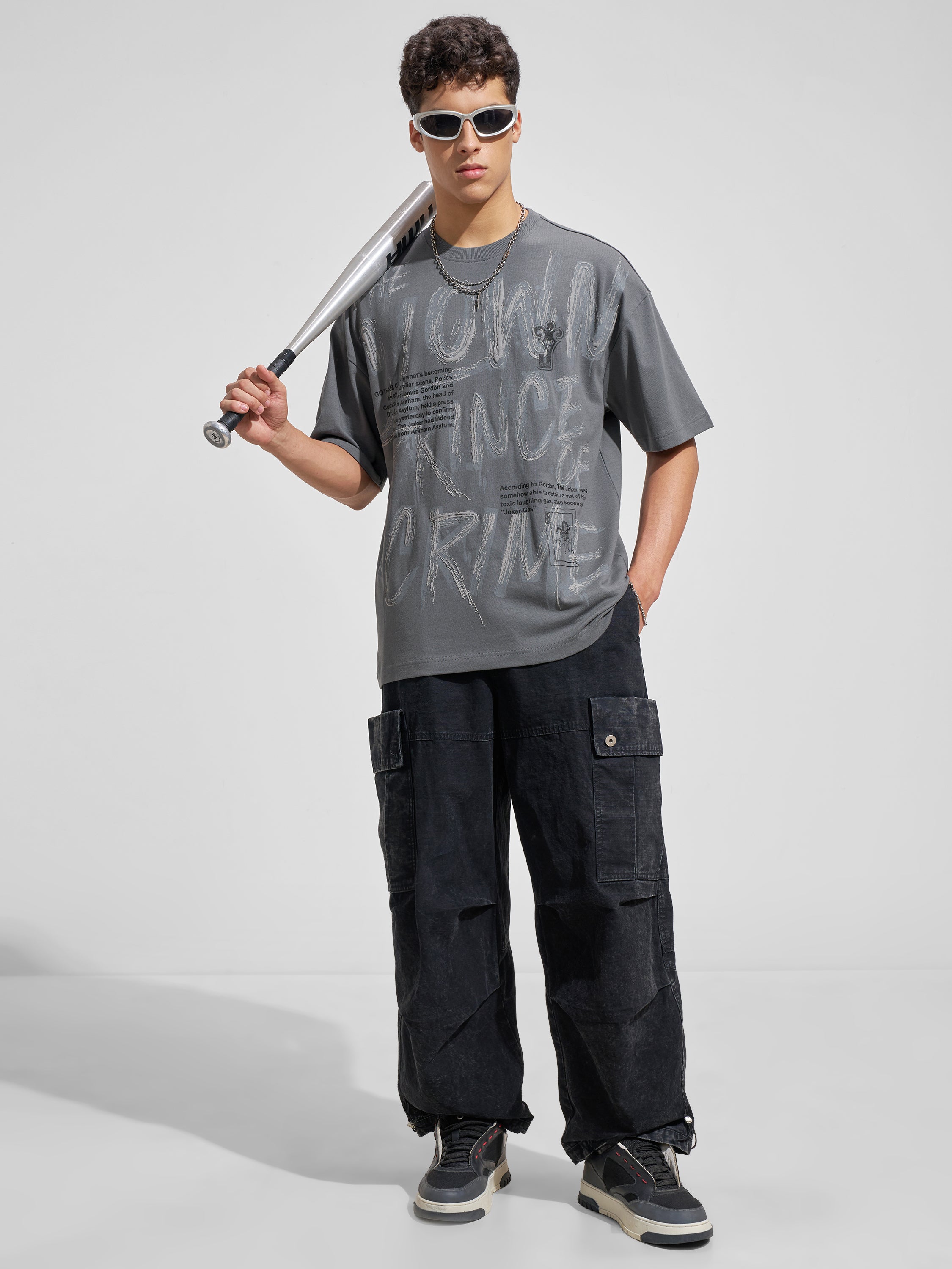 WB By Highlander Men Grey Joker Printed Round Neck Oversized Fit T-Shirt