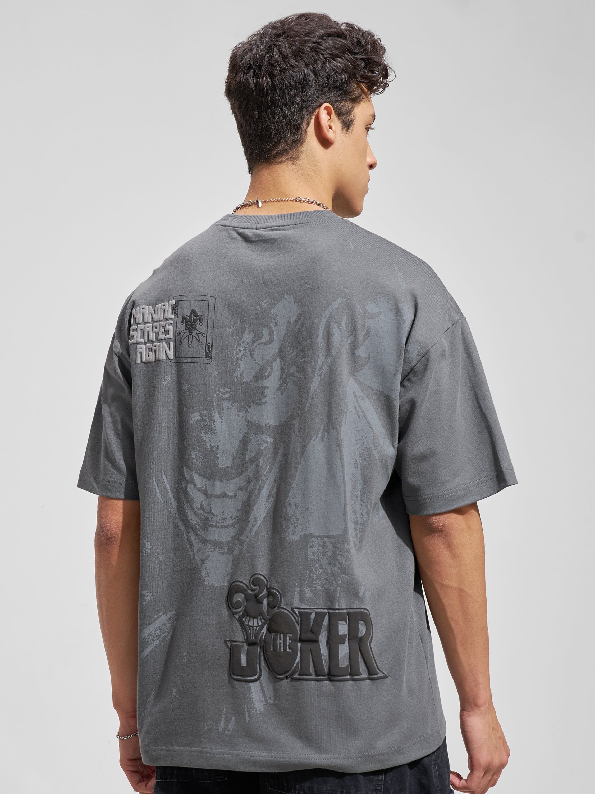 WB By Highlander Men Grey Joker Printed Round Neck Oversized Fit T-Shirt