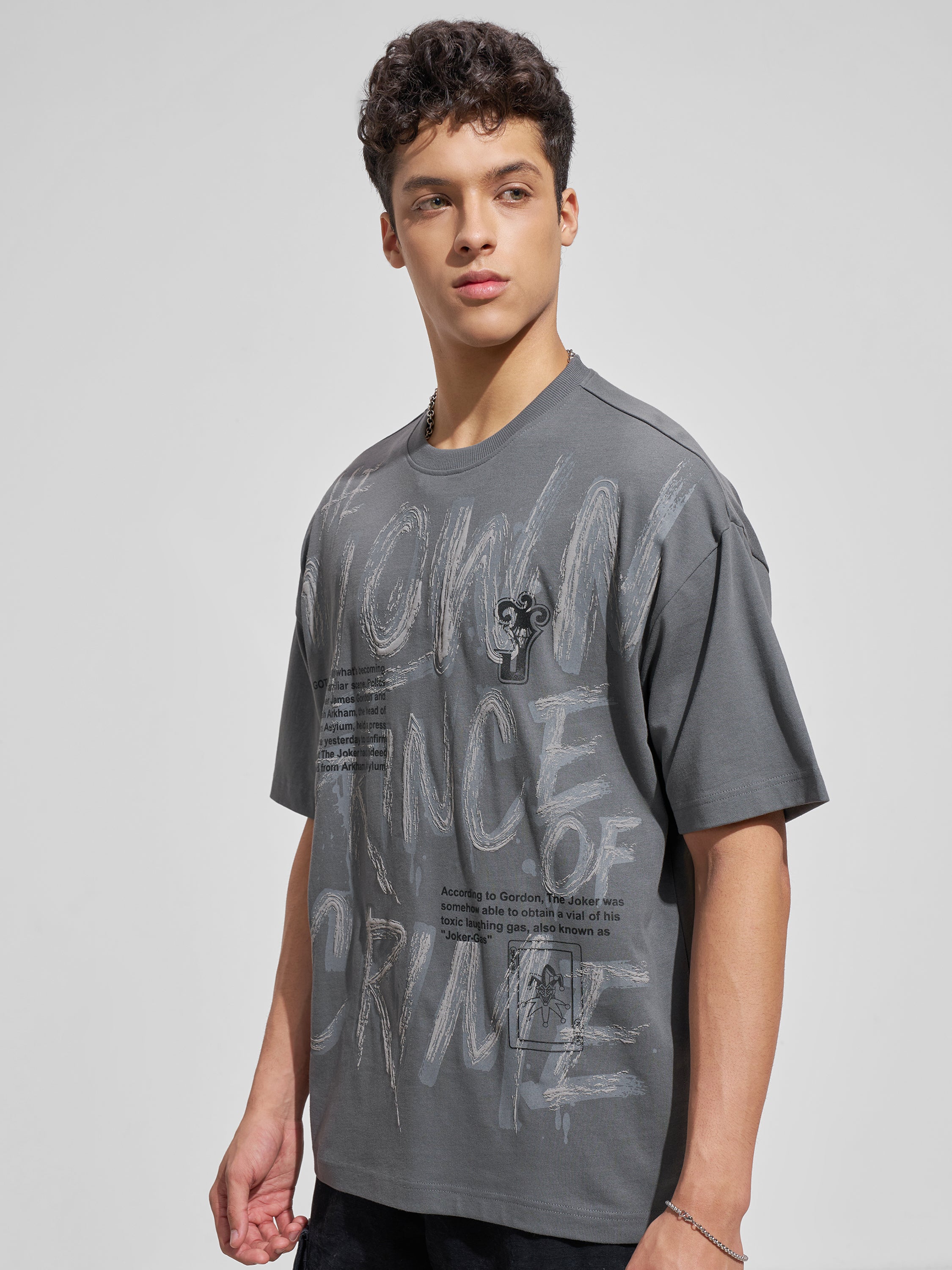 WB By Highlander Men Grey Joker Printed Round Neck Oversized Fit T-Shirt