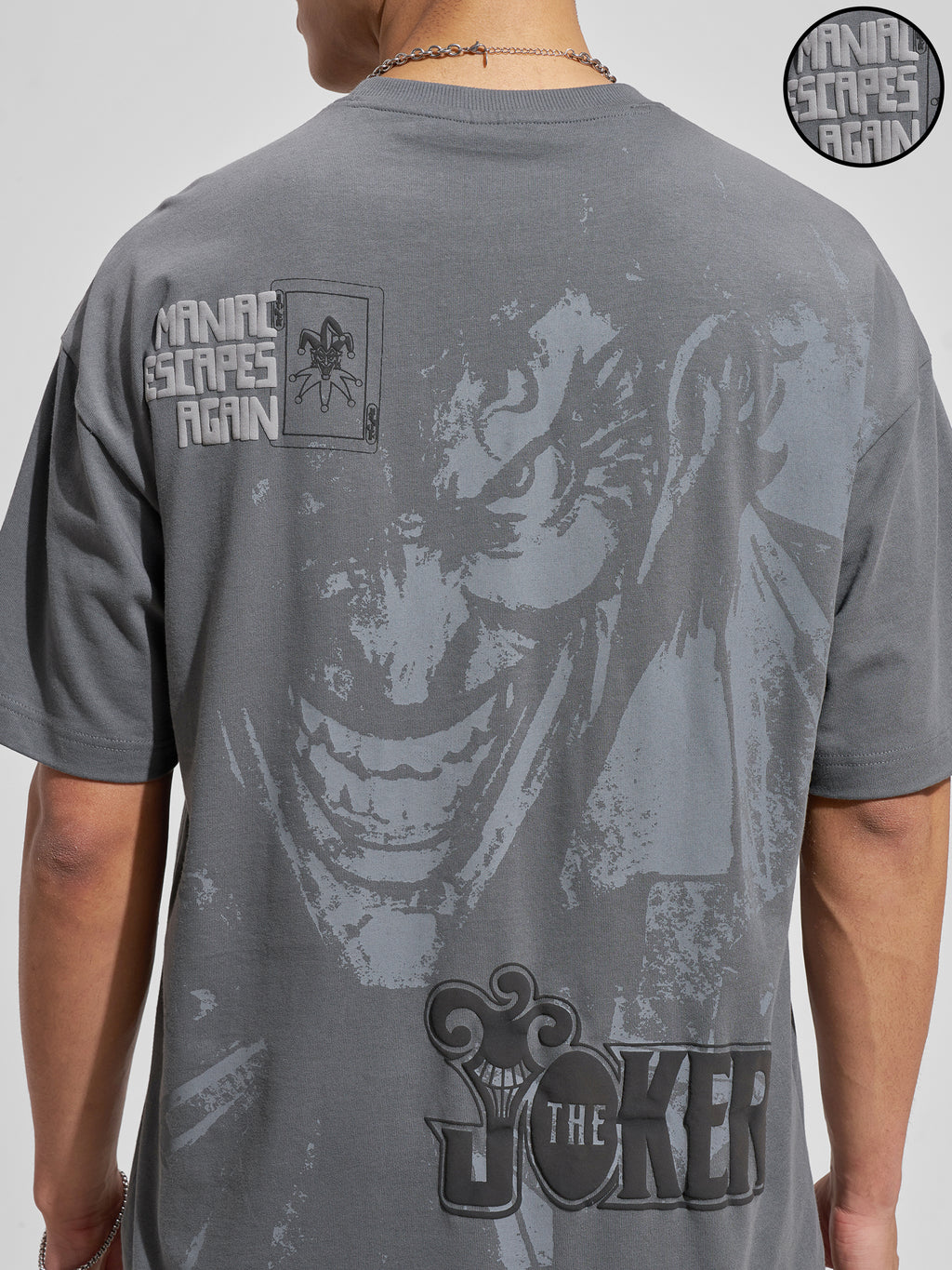 WB By Highlander Men Grey Joker Printed Round Neck Oversized Fit T-Shirt