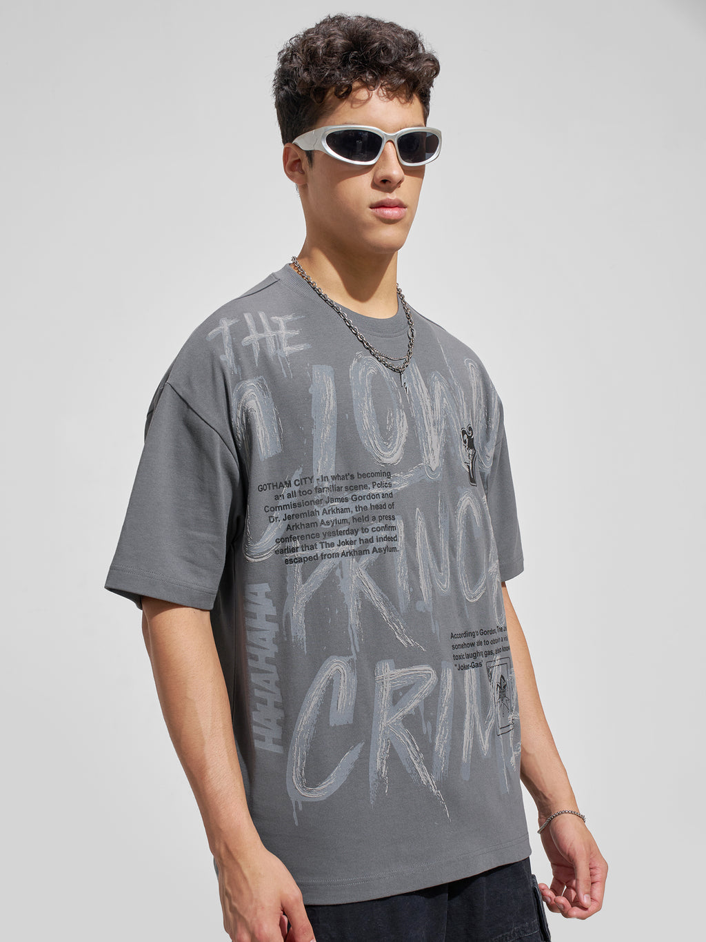 WB By Highlander Men Grey Joker Printed Round Neck Oversized Fit T-Shirt