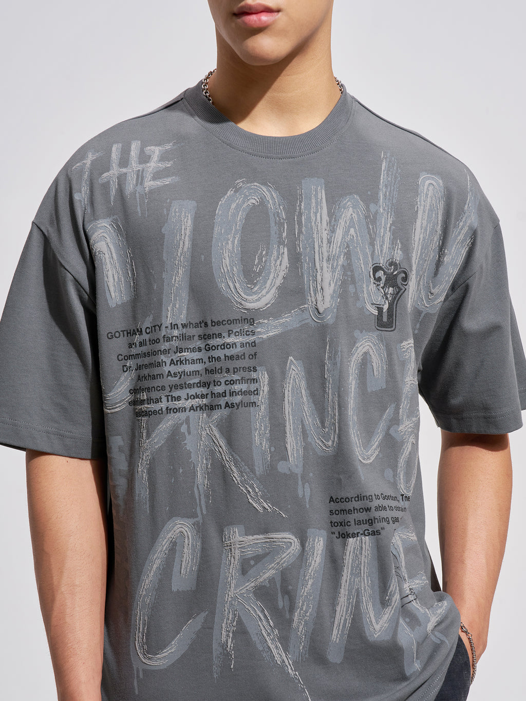 WB By Highlander Men Grey Joker Printed Round Neck Oversized Fit T-Shirt
