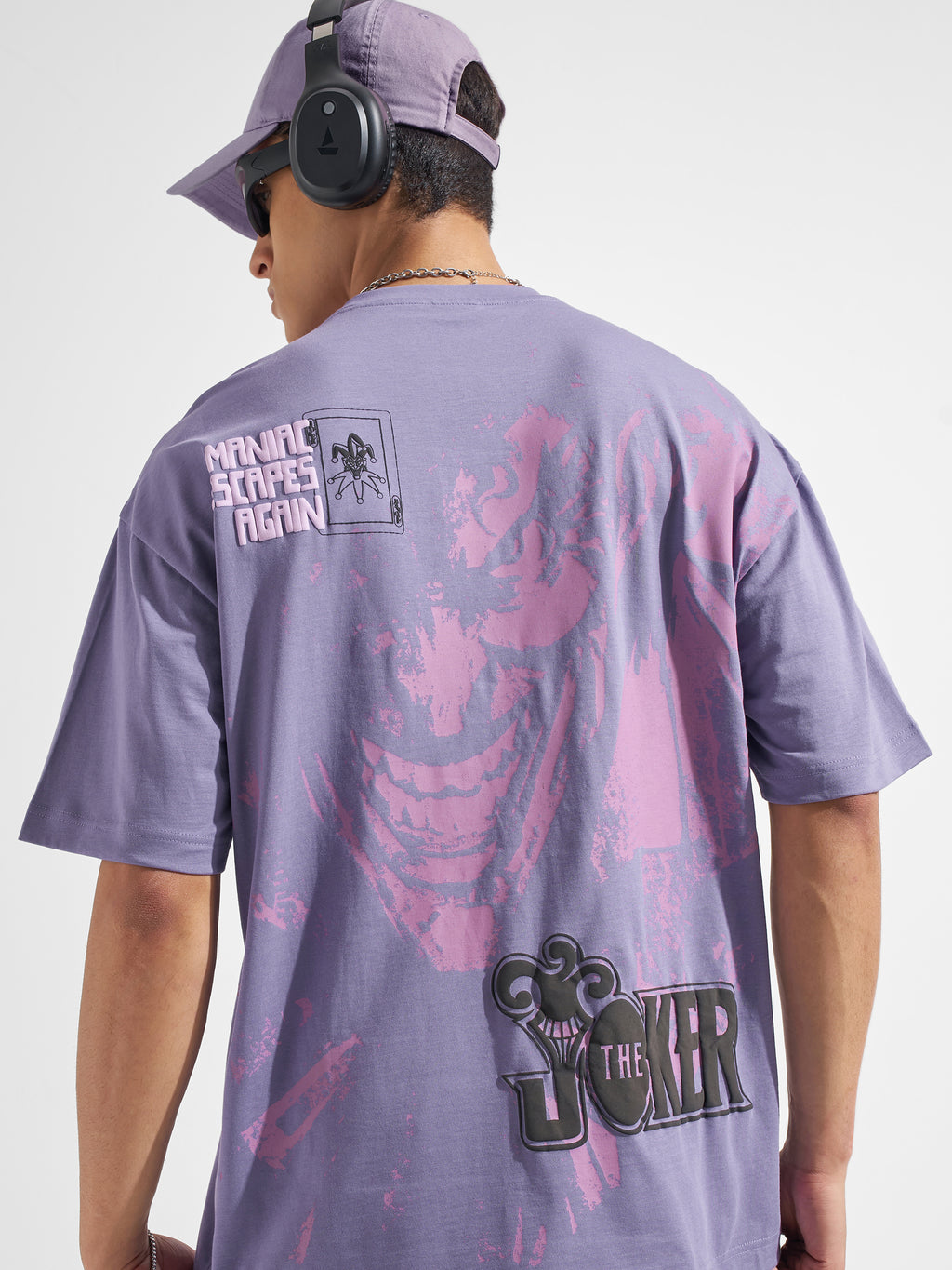 WB By Highlander Men Purple Joker Printed Round Neck Oversized Fit T-Shirt