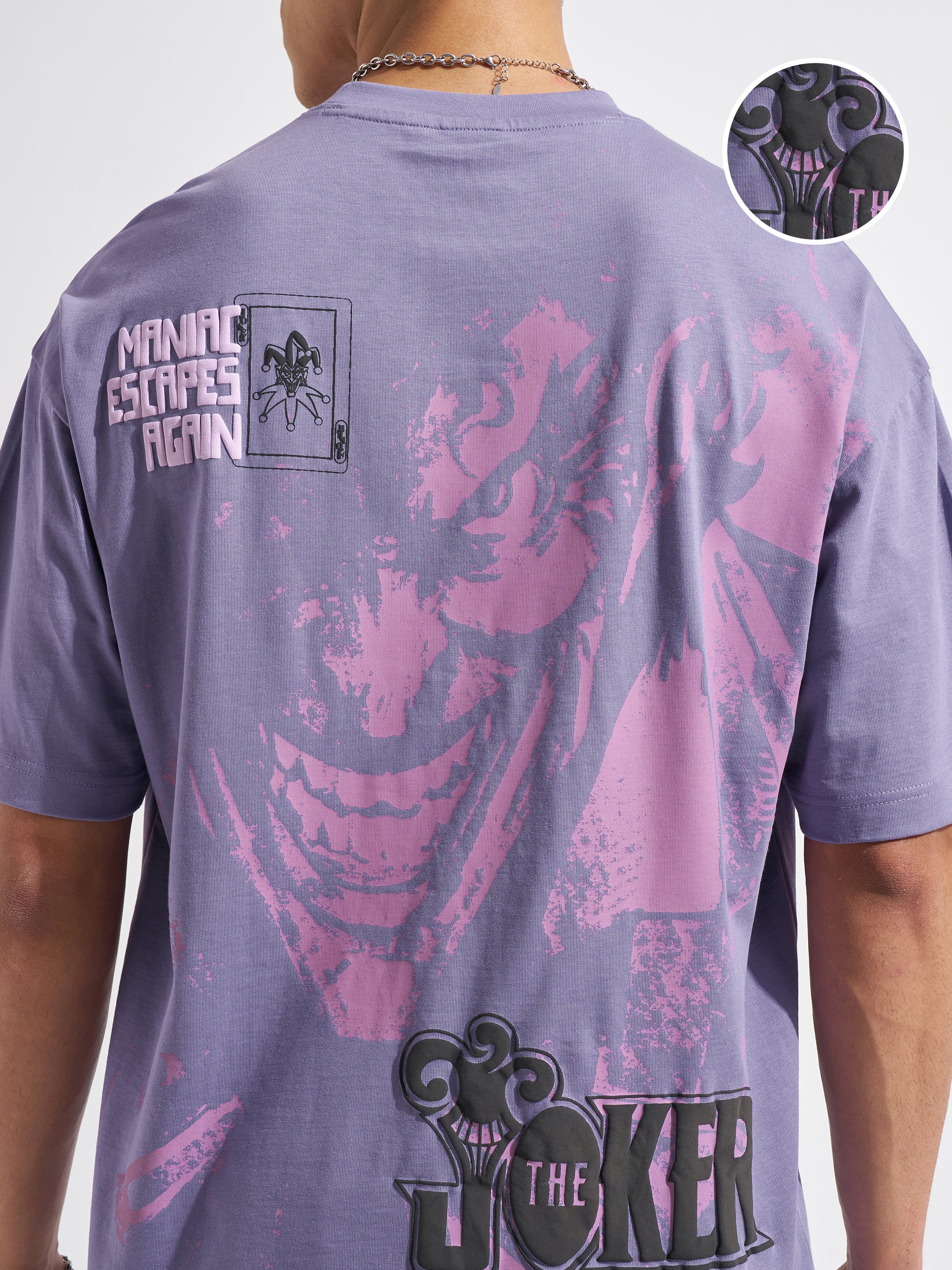 WB By Highlander Men Purple Joker Printed Round Neck Oversized Fit T-Shirt