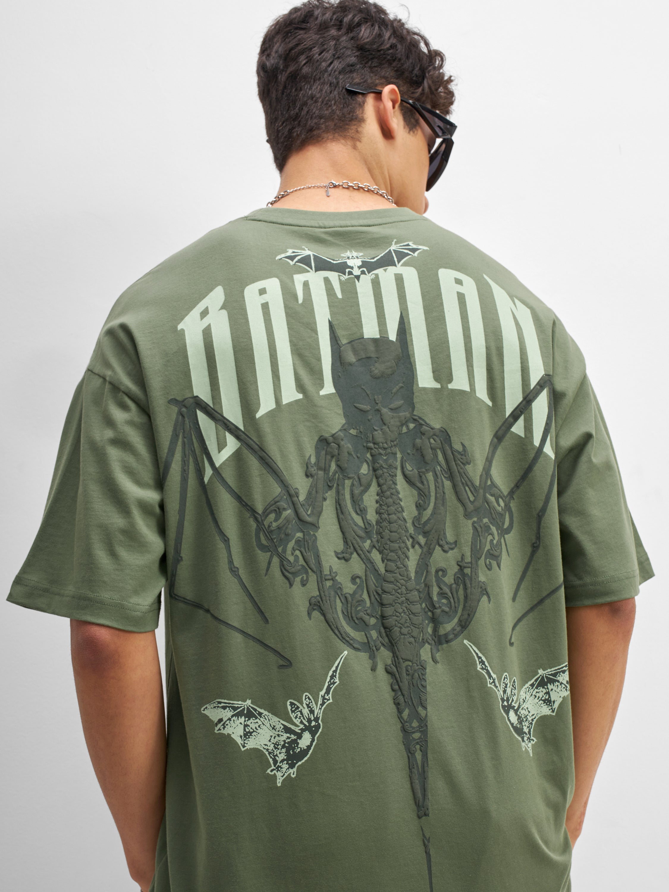 DC By Highlander Men Olive Batman Printed Round Neck Oversized Fit T-Shirt - Olive - Image 1