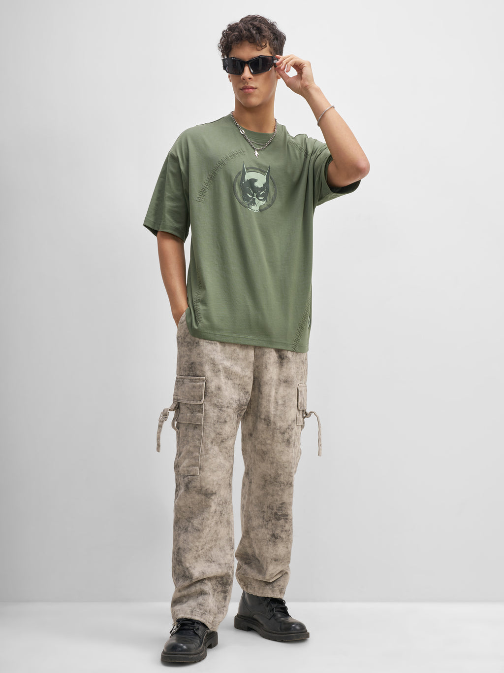 DC By Highlander Men Olive Batman Printed Round Neck Oversized Fit T-Shirt - Olive - Image 2