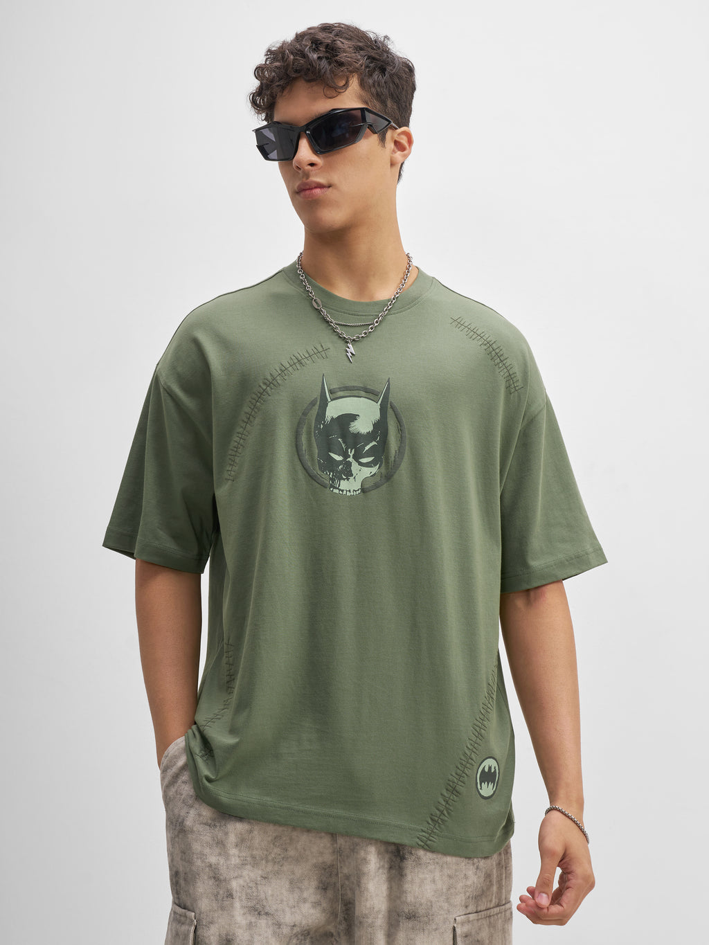 DC By Highlander Men Olive Batman Printed Round Neck Oversized Fit T-Shirt - Olive - Image 3