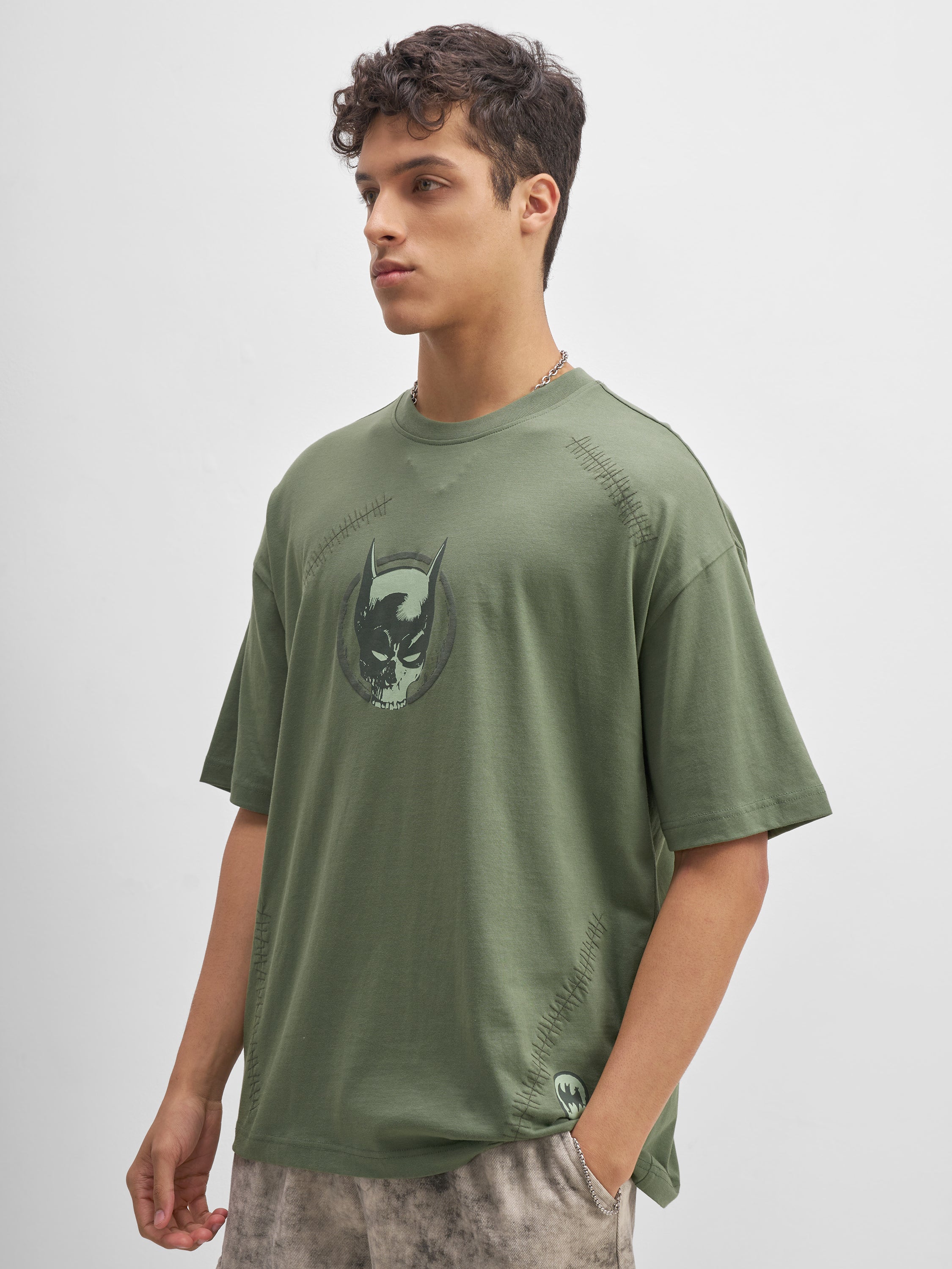 DC By Highlander Men Olive Batman Printed Round Neck Oversized Fit T-Shirt - Olive - Image 4