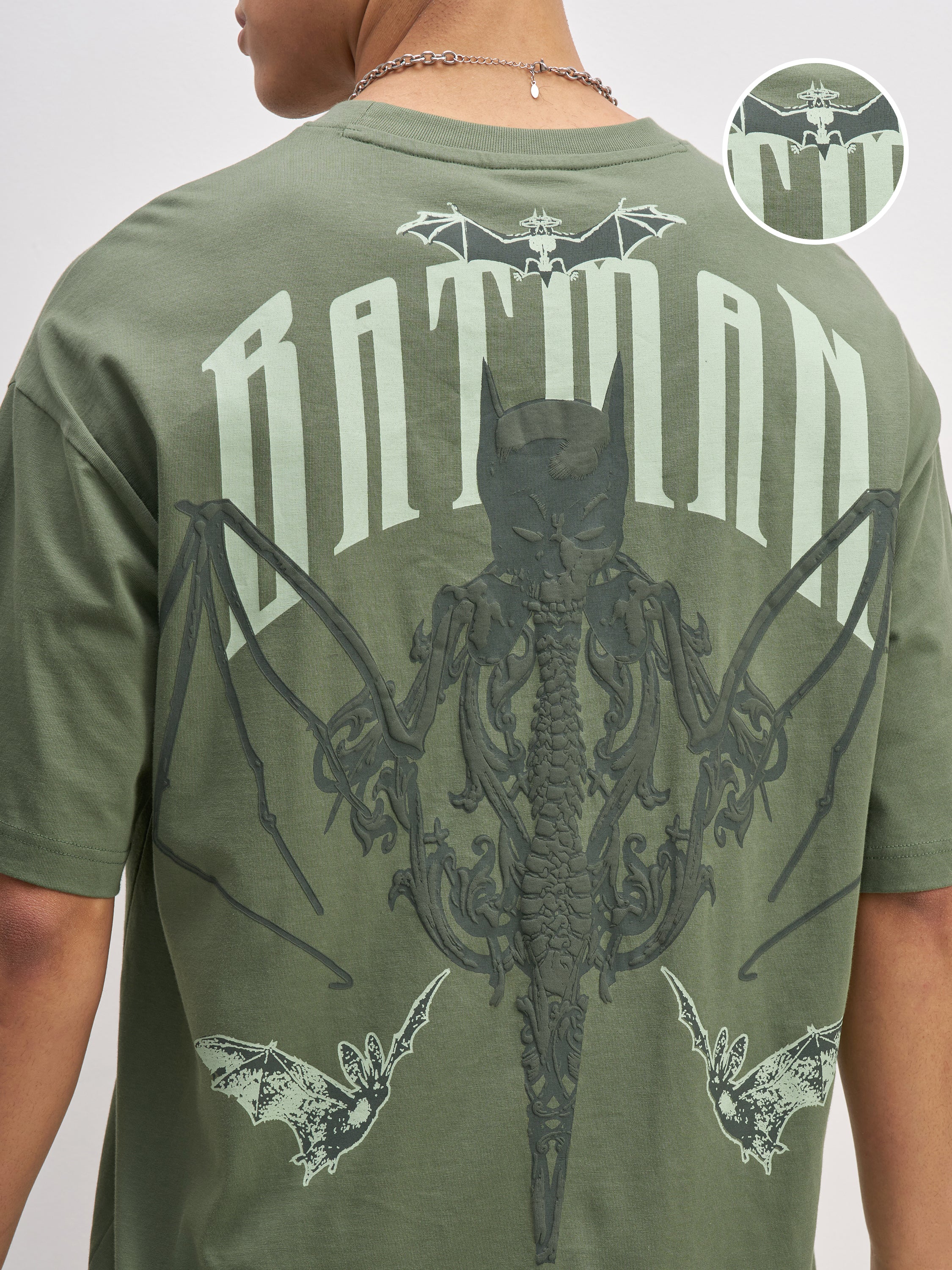 DC By Highlander Men Olive Batman Printed Round Neck Oversized Fit T-Shirt - Olive - Image 5