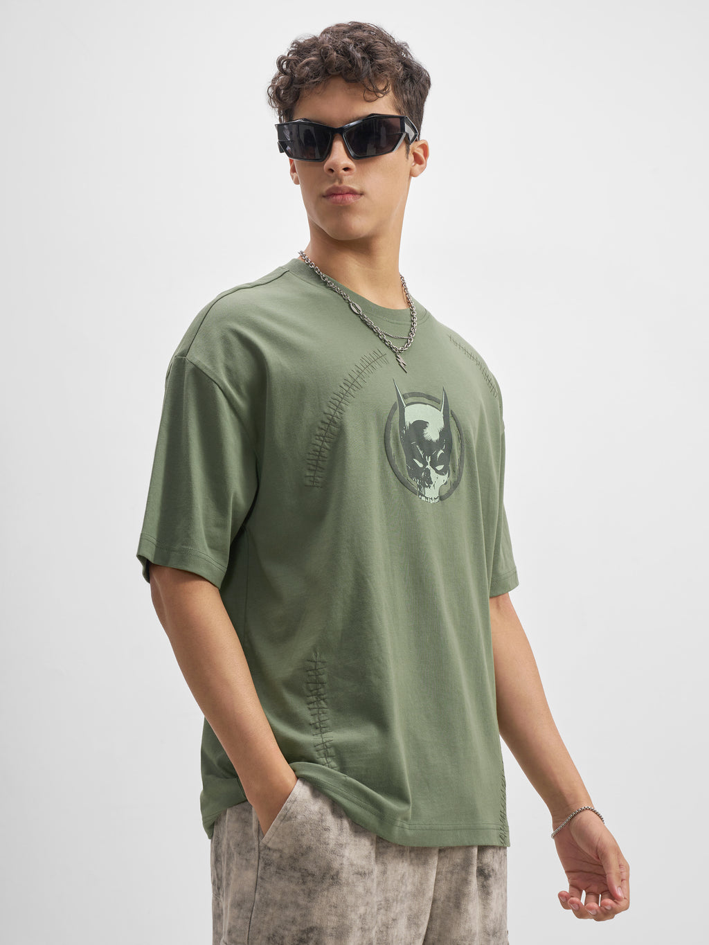 DC By Highlander Men Olive Batman Printed Round Neck Oversized Fit T-Shirt - Olive - Image 6