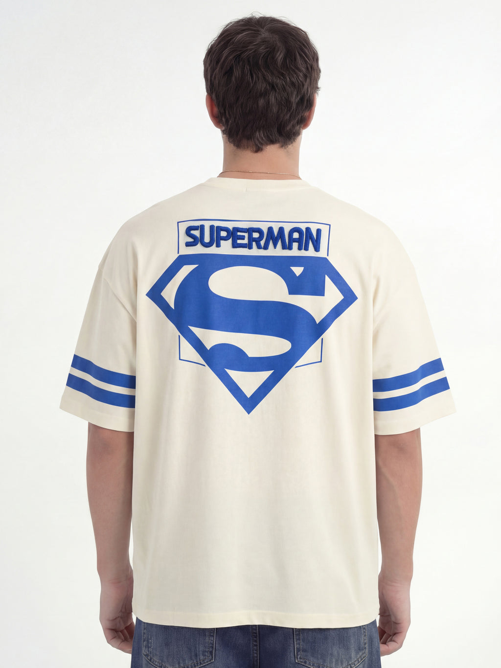 DC By Highlander Men Cream Superman Printed Round Neck Oversized Fit T-Shirt - Cream - Image 4