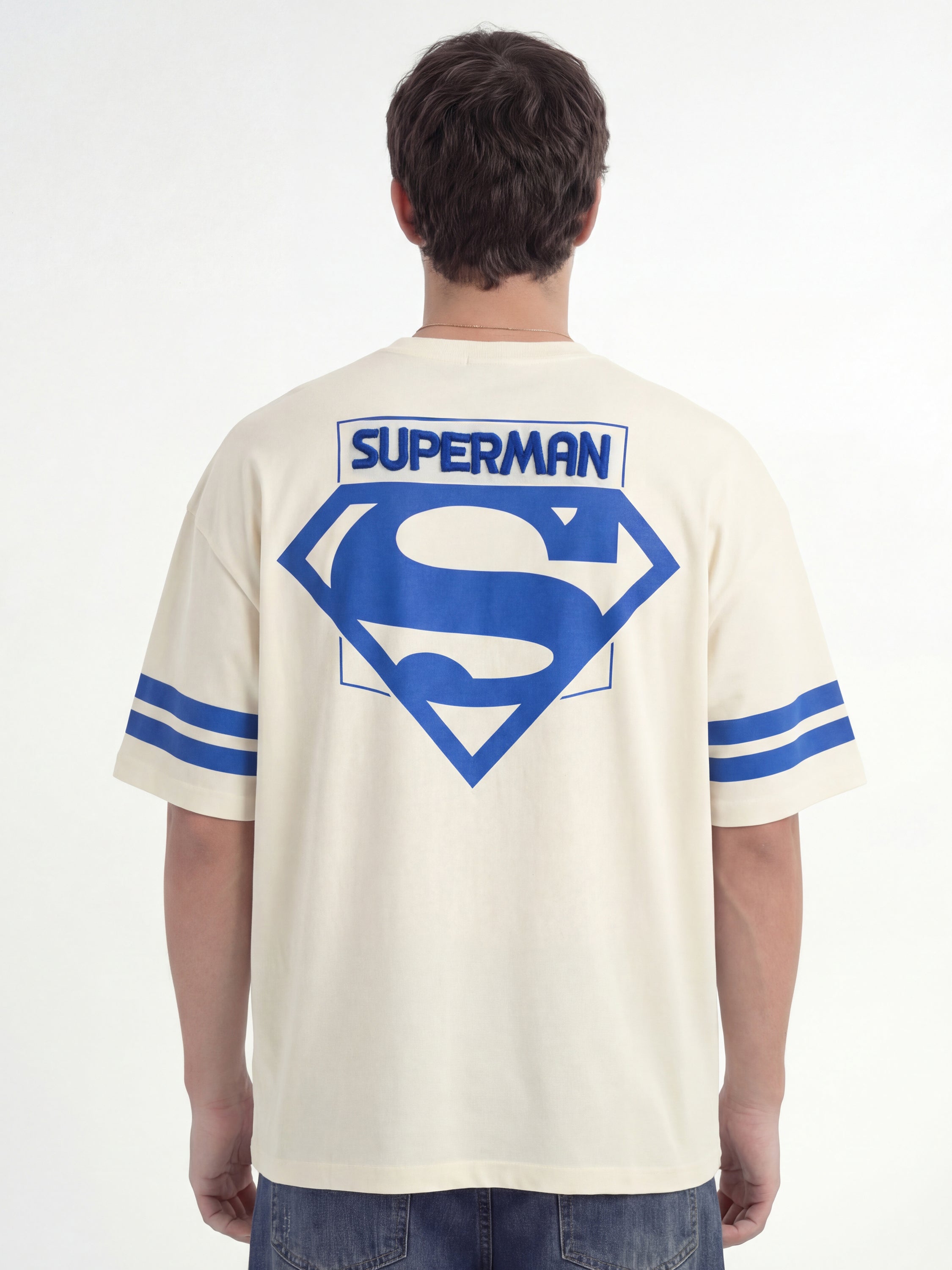 DC By Highlander Men Cream Superman Printed Round Neck Oversized Fit T-Shirt - Cream - Image 4