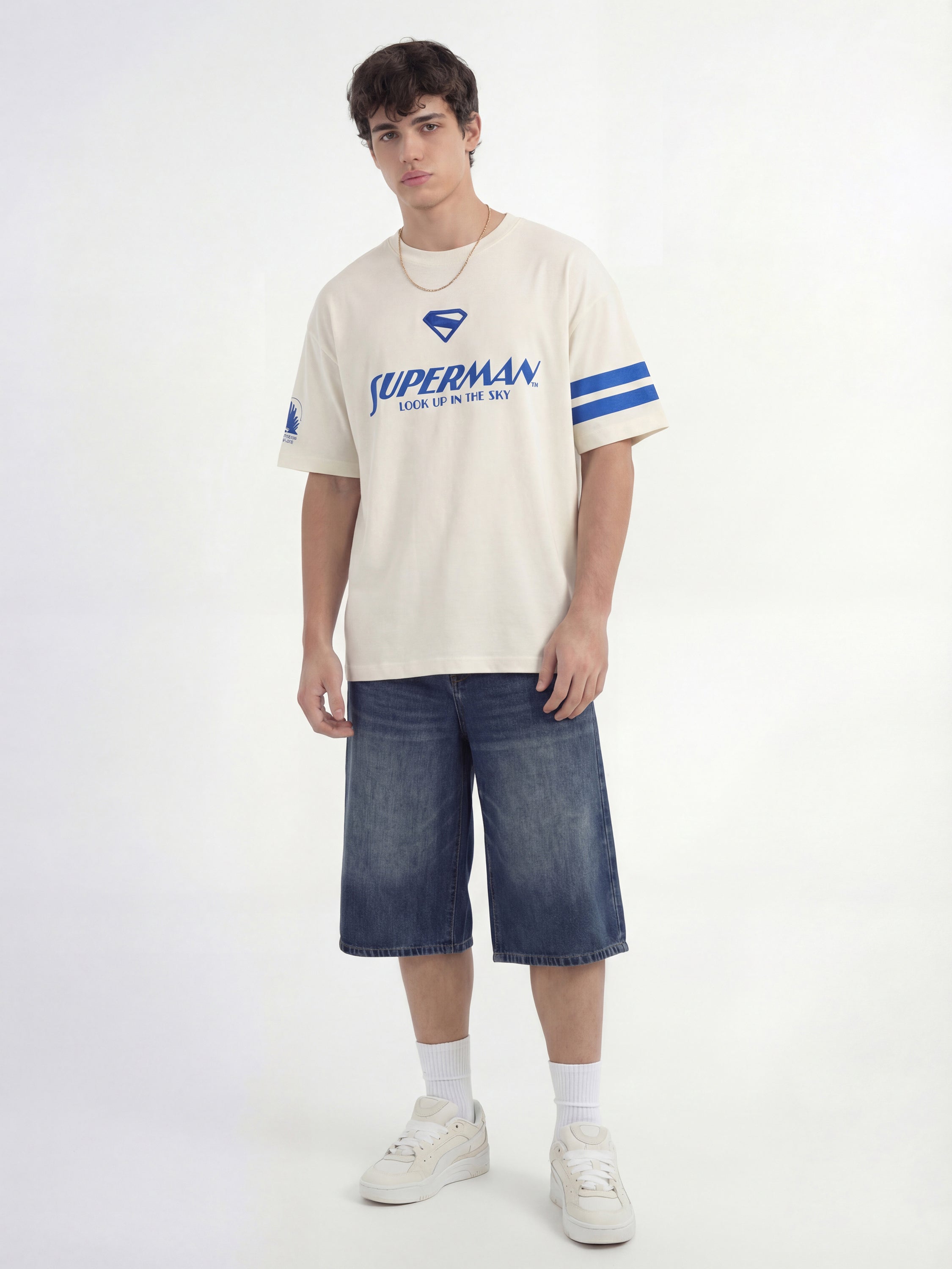 DC By Highlander Men Cream Superman Printed Round Neck Oversized Fit T-Shirt - Cream - Image 5
