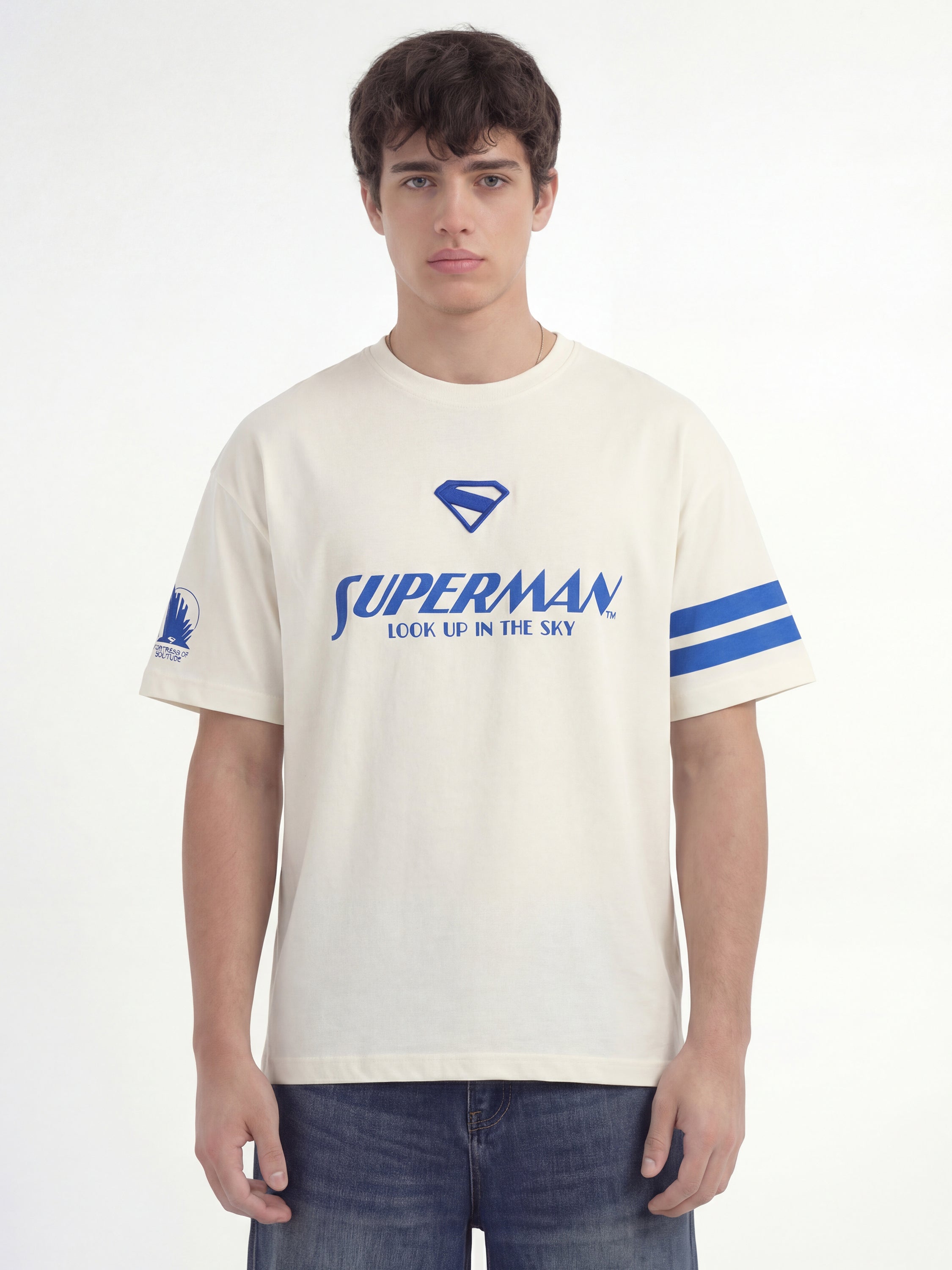 DC By Highlander Men Cream Superman Printed Round Neck Oversized Fit T-Shirt - Cream - Image 6