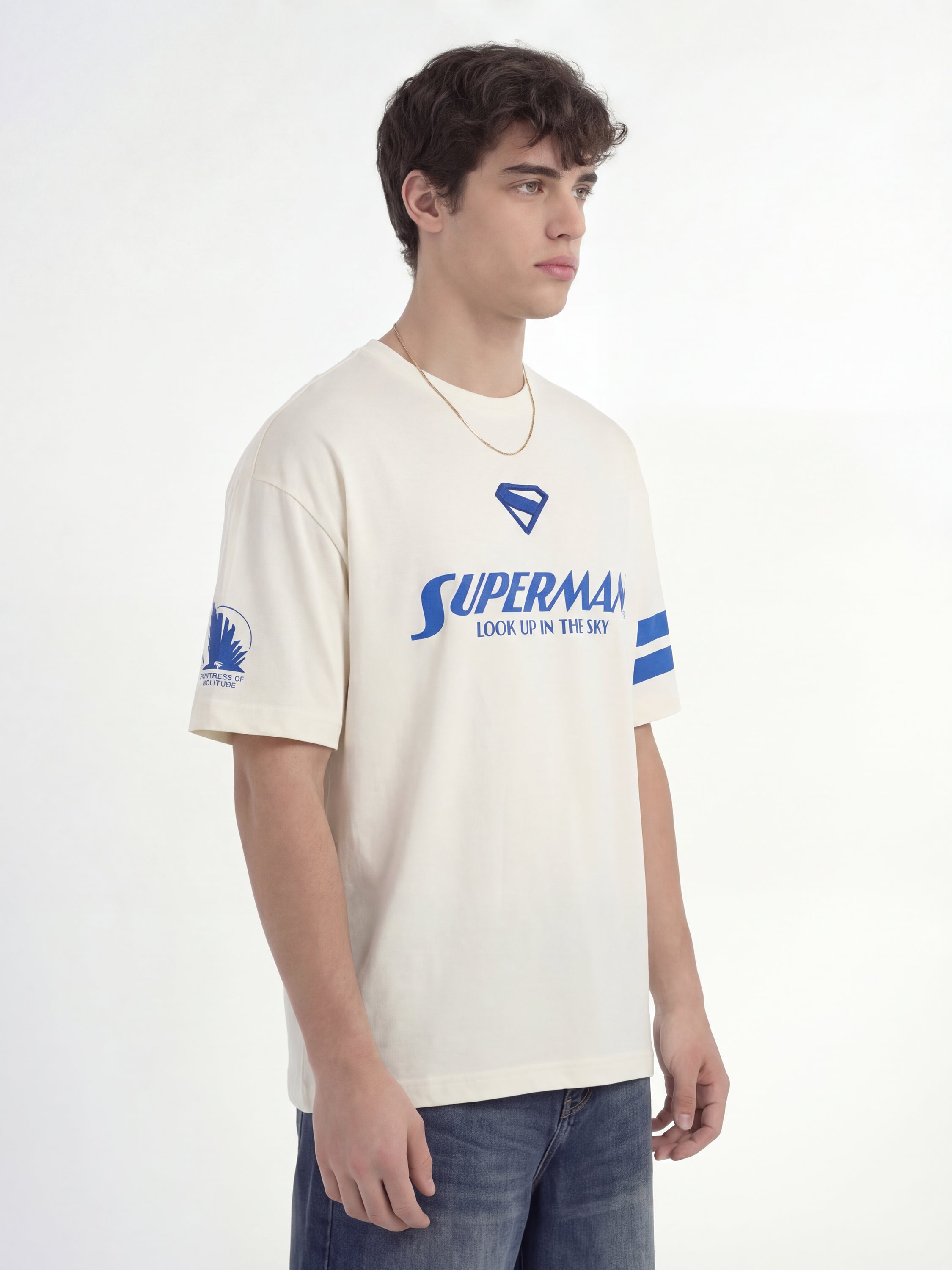 DC By Highlander Men Cream Superman Printed Round Neck Oversized Fit T-Shirt - Cream - Image 8