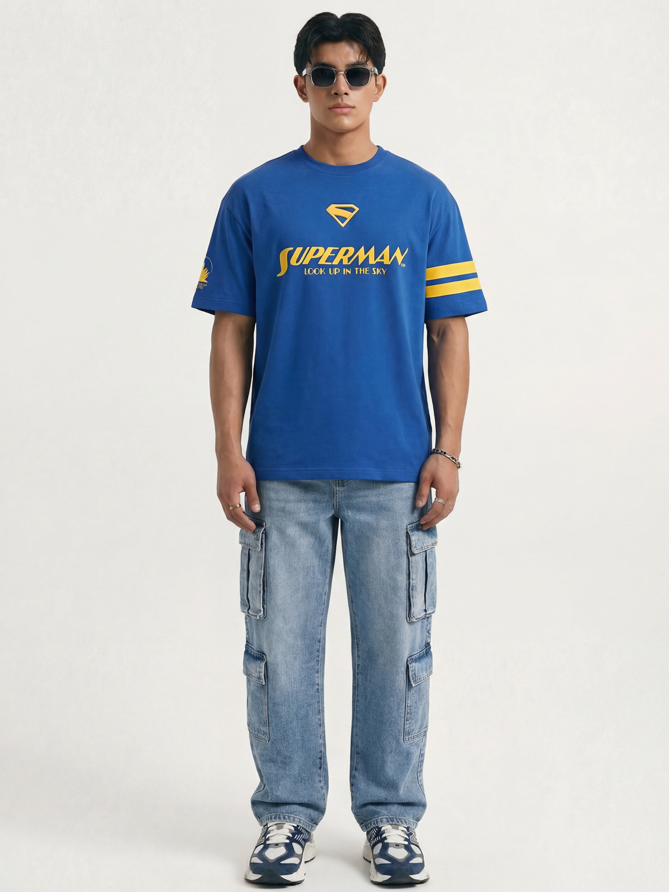 DC By Highlander Men Blue Superman Printed Round Neck Oversized Fit T-Shirt - Blue - Image 5