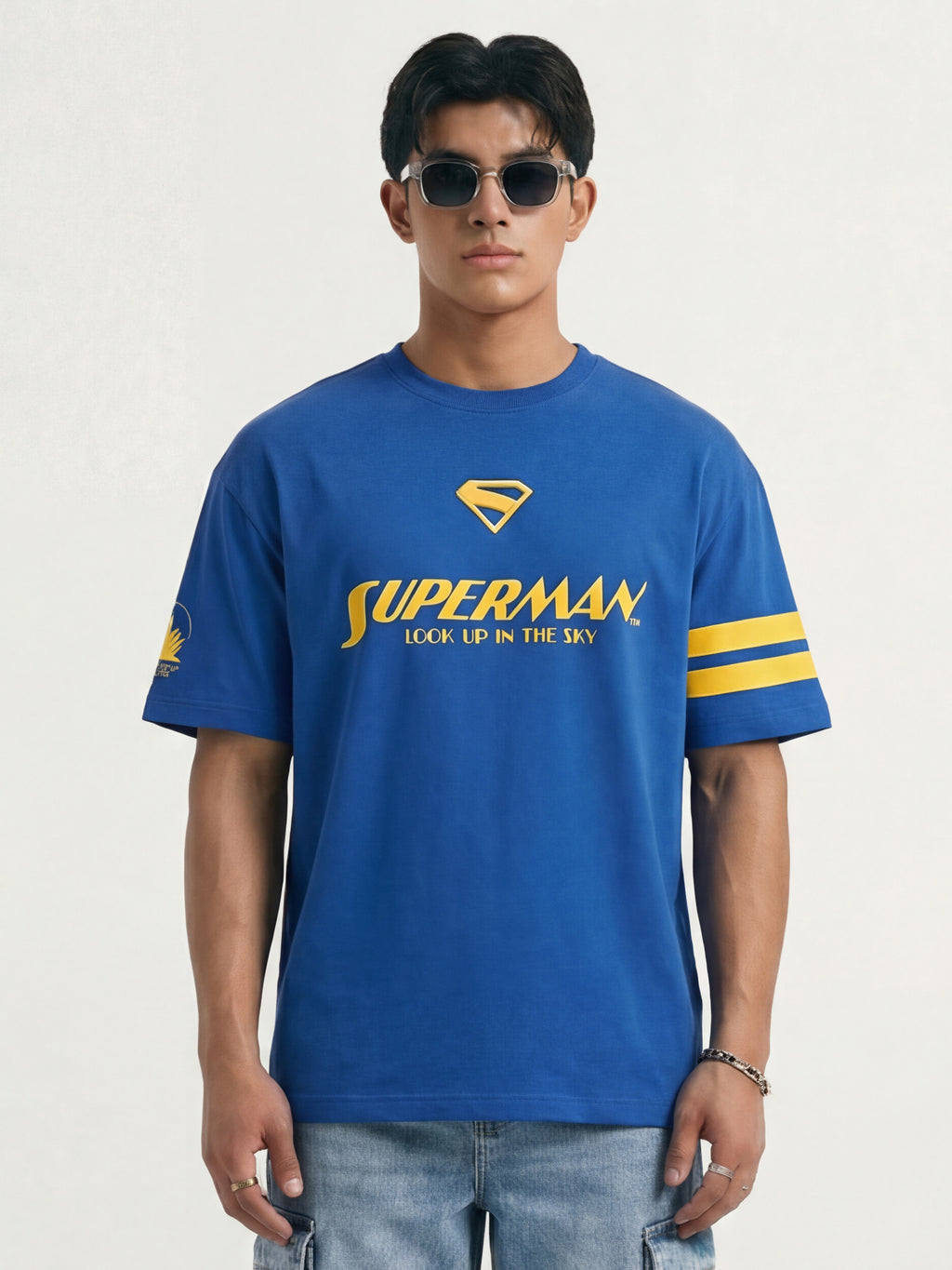 DC By Highlander Men Blue Superman Printed Round Neck Oversized Fit T-Shirt - Blue - Image 6