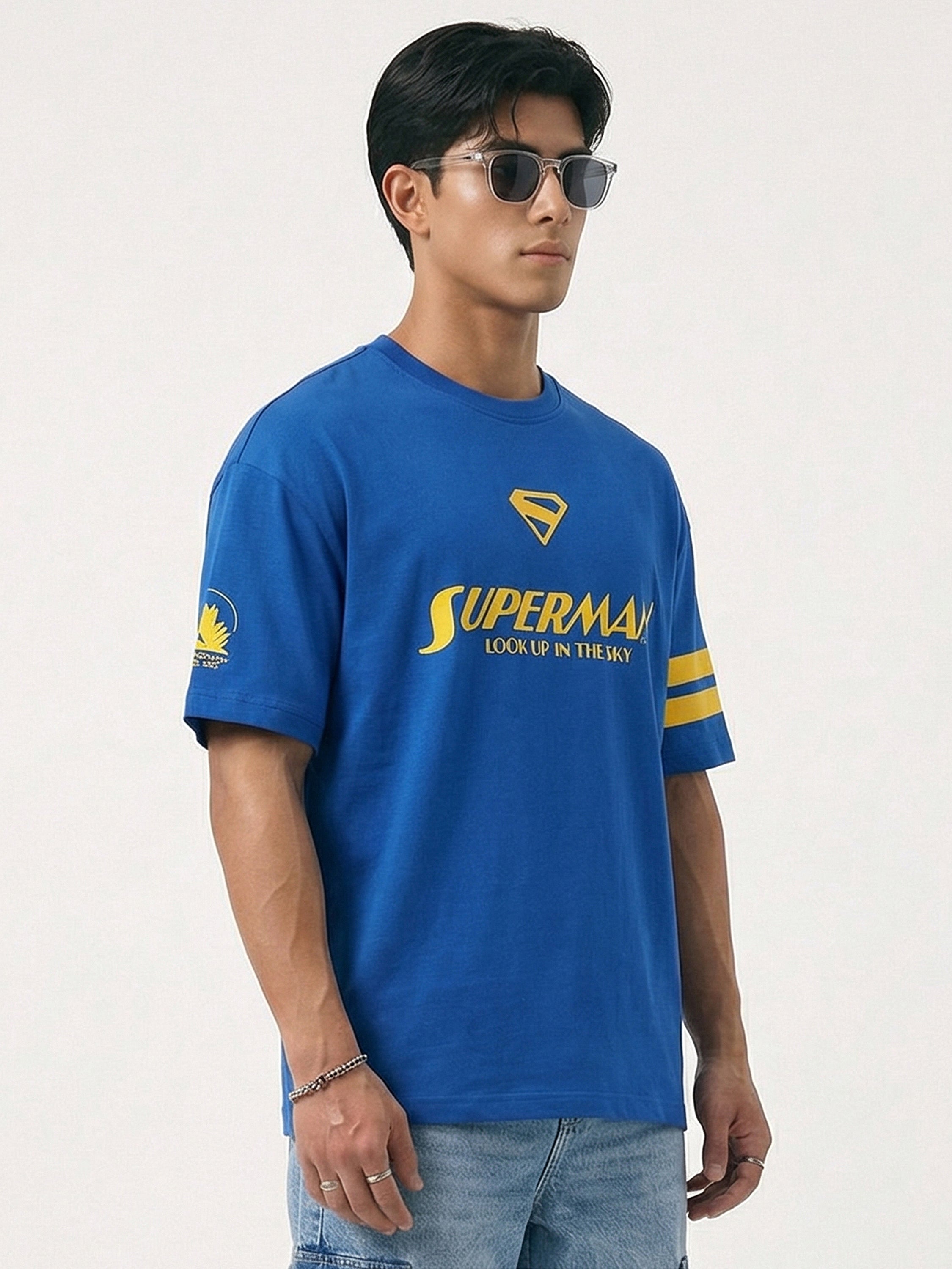 DC By Highlander Men Blue Superman Printed Round Neck Oversized Fit T-Shirt - Blue - Image 8
