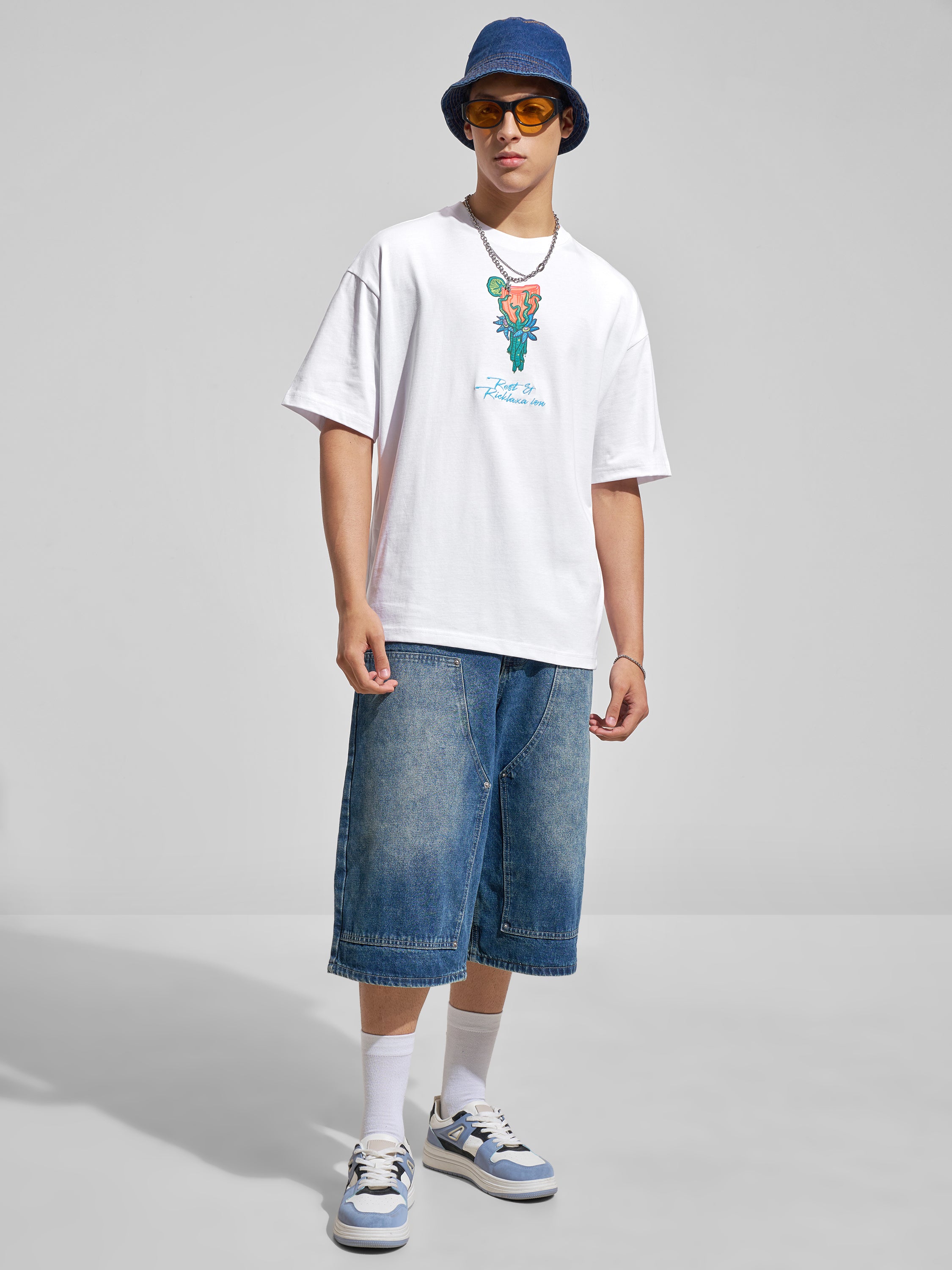 WB By Highlander Men White Rick And Morty Printed Round Neck Oversized Fit T-Shirt