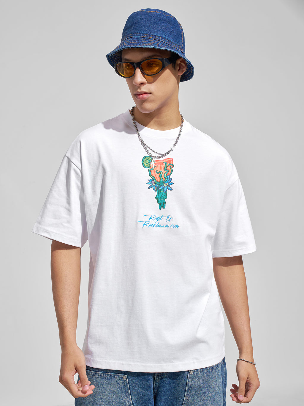 WB By Highlander Men White Rick And Morty Printed Round Neck Oversized Fit T-Shirt