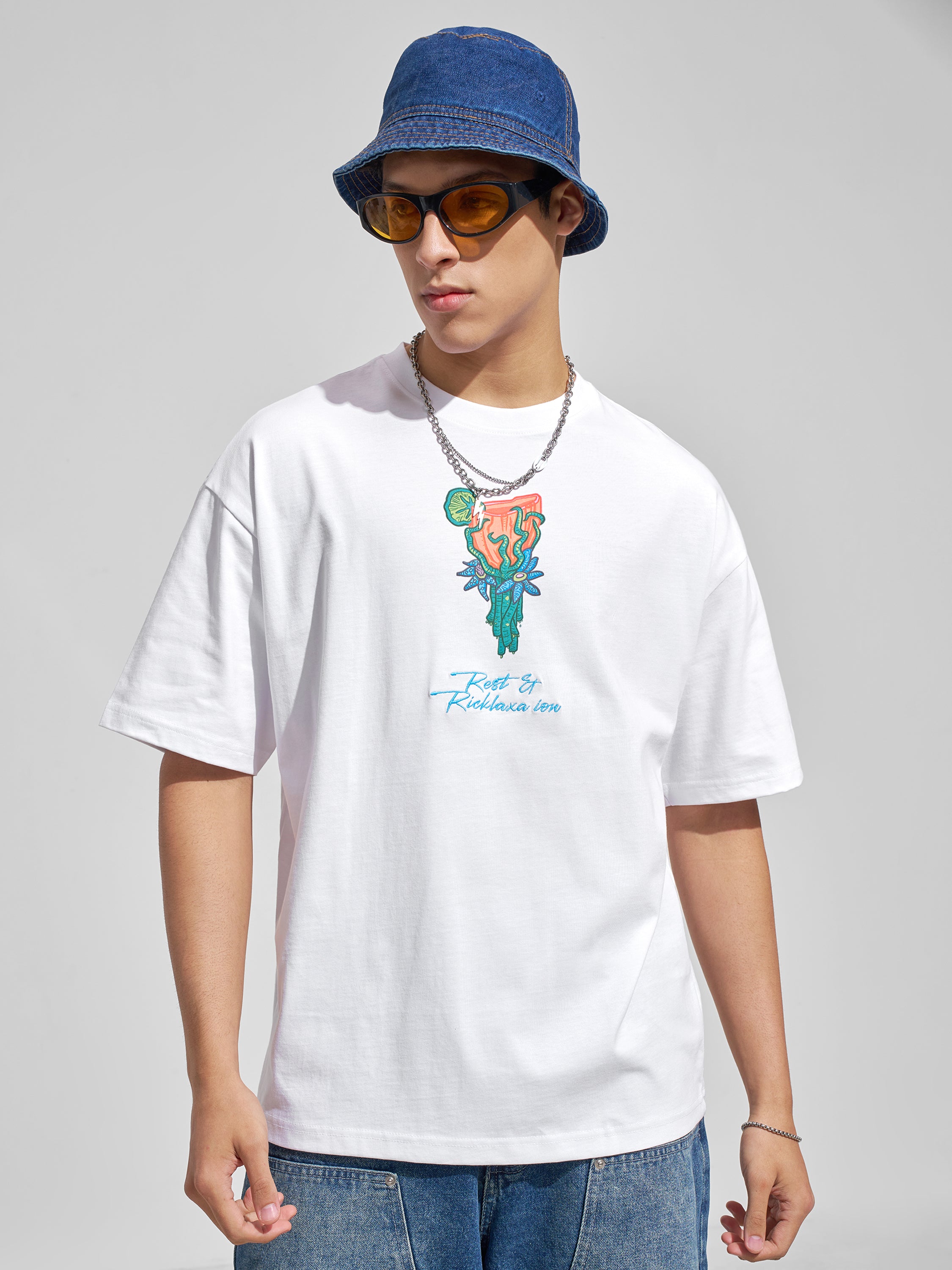 WB By Highlander Men White Rick And Morty Printed Round Neck Oversized Fit T-Shirt