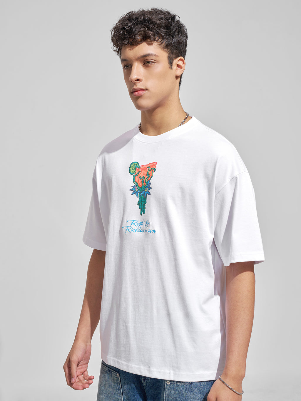 WB By Highlander Men White Rick And Morty Printed Round Neck Oversized Fit T-Shirt
