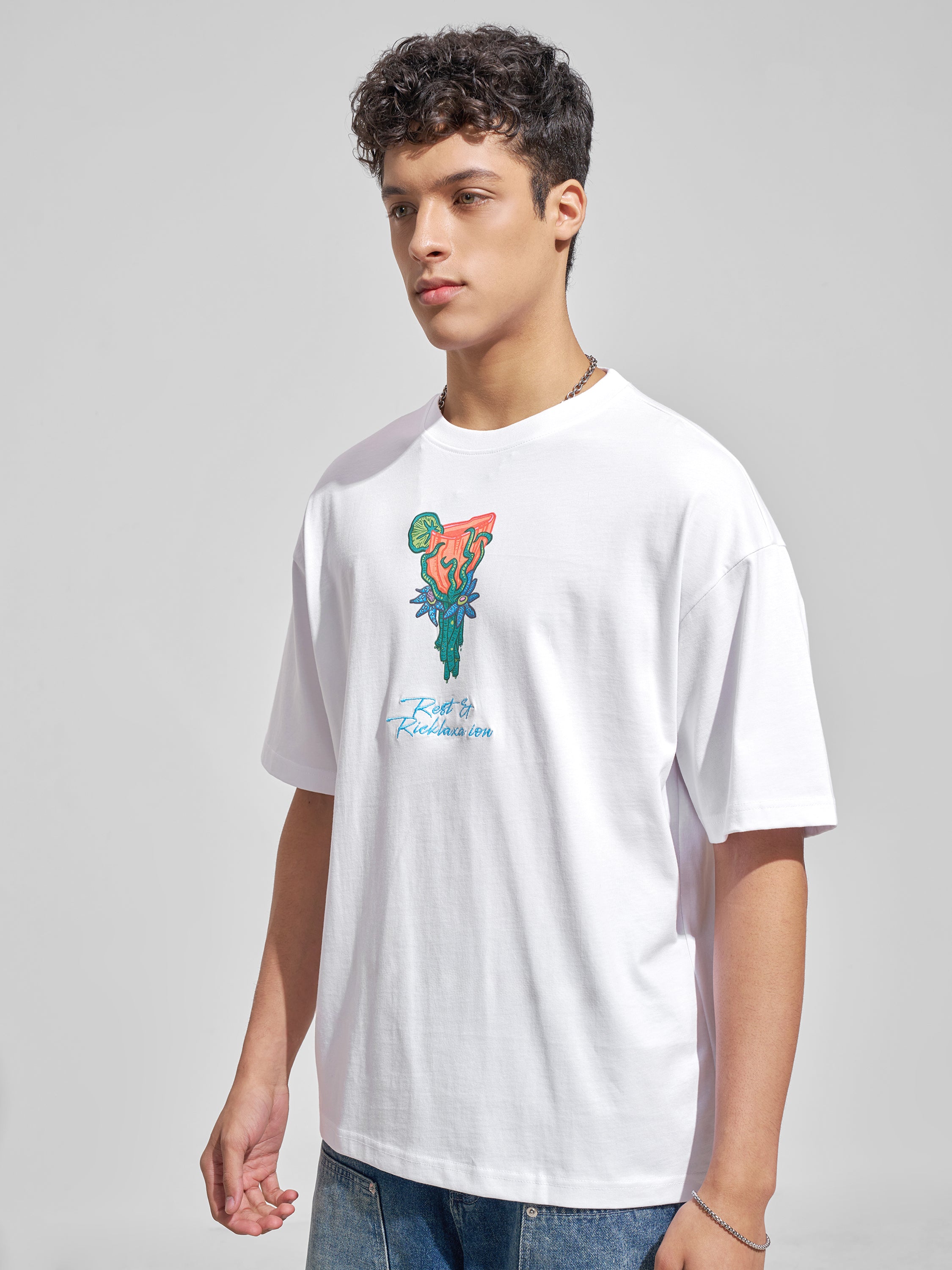 WB By Highlander Men White Rick And Morty Printed Round Neck Oversized Fit T-Shirt