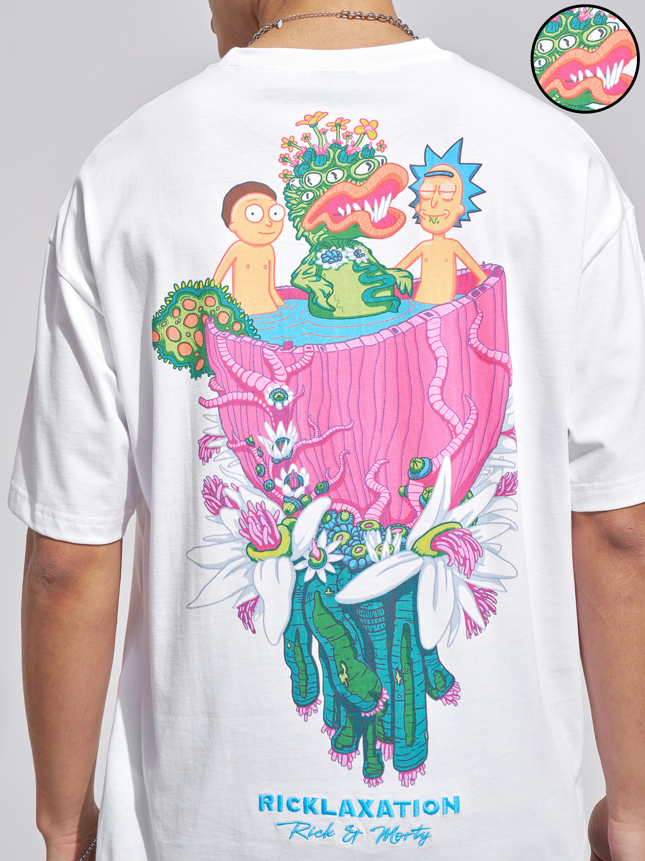WB By Highlander Men White Rick And Morty Printed Round Neck Oversized Fit T-Shirt