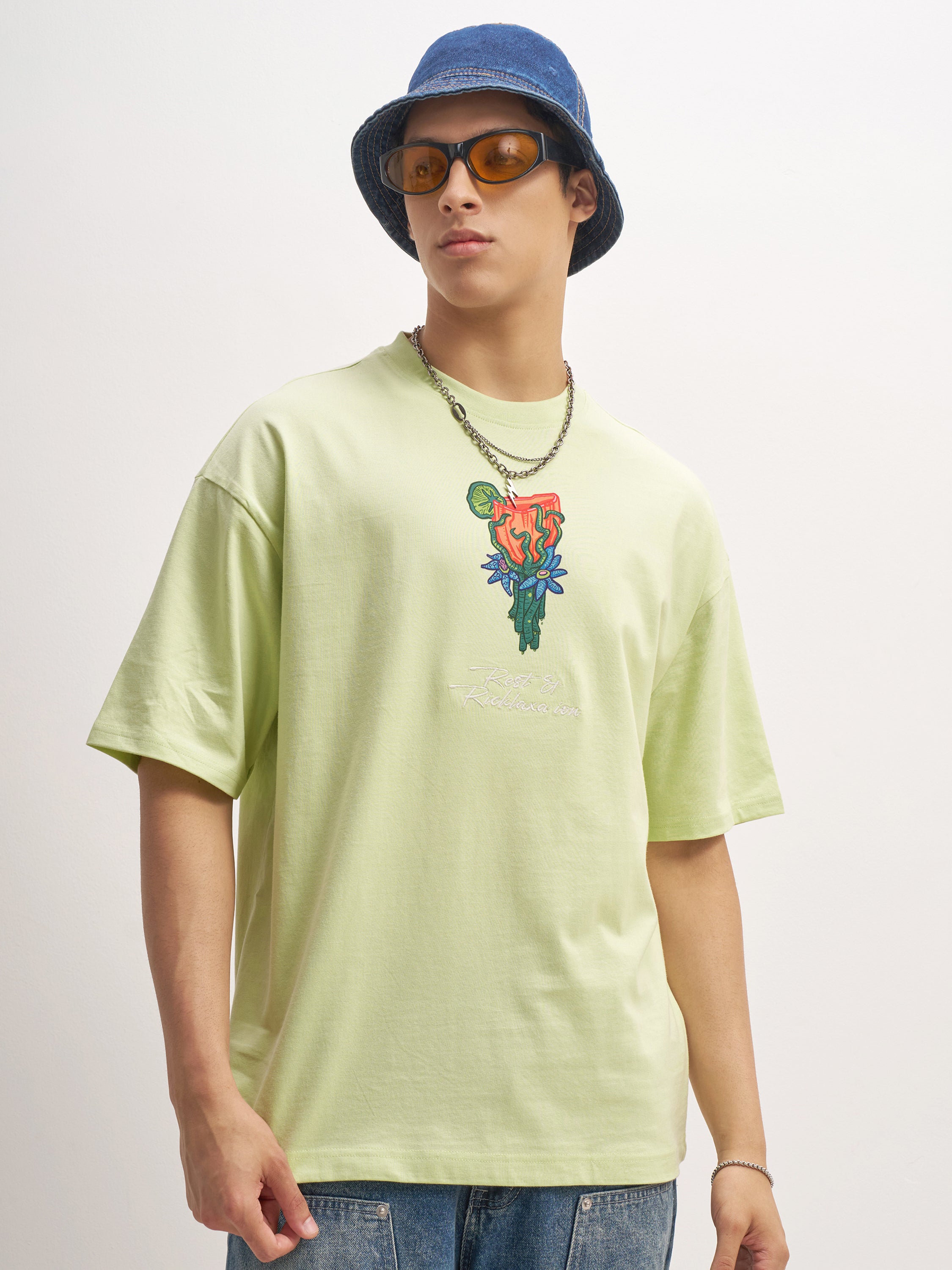 WB By Highlander Men Green Rick And Morty Printed Round Neck Oversized Fit T-Shirt