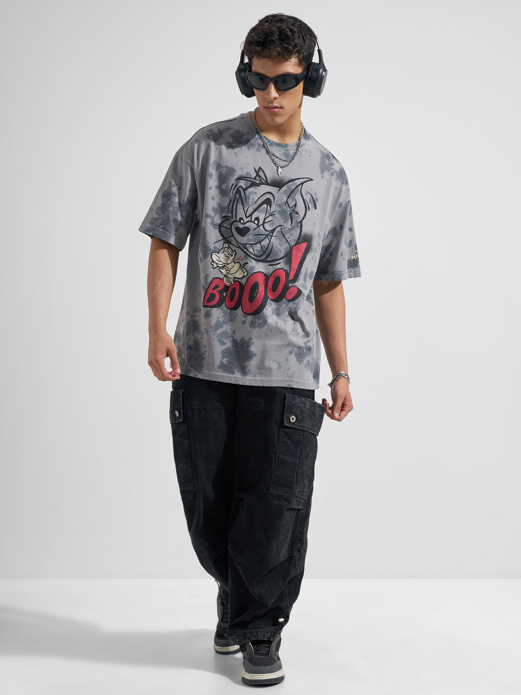 WB By Highlander Men Grey Tom And Jerry Printed Round Neck Oversized Fit T-Shirt