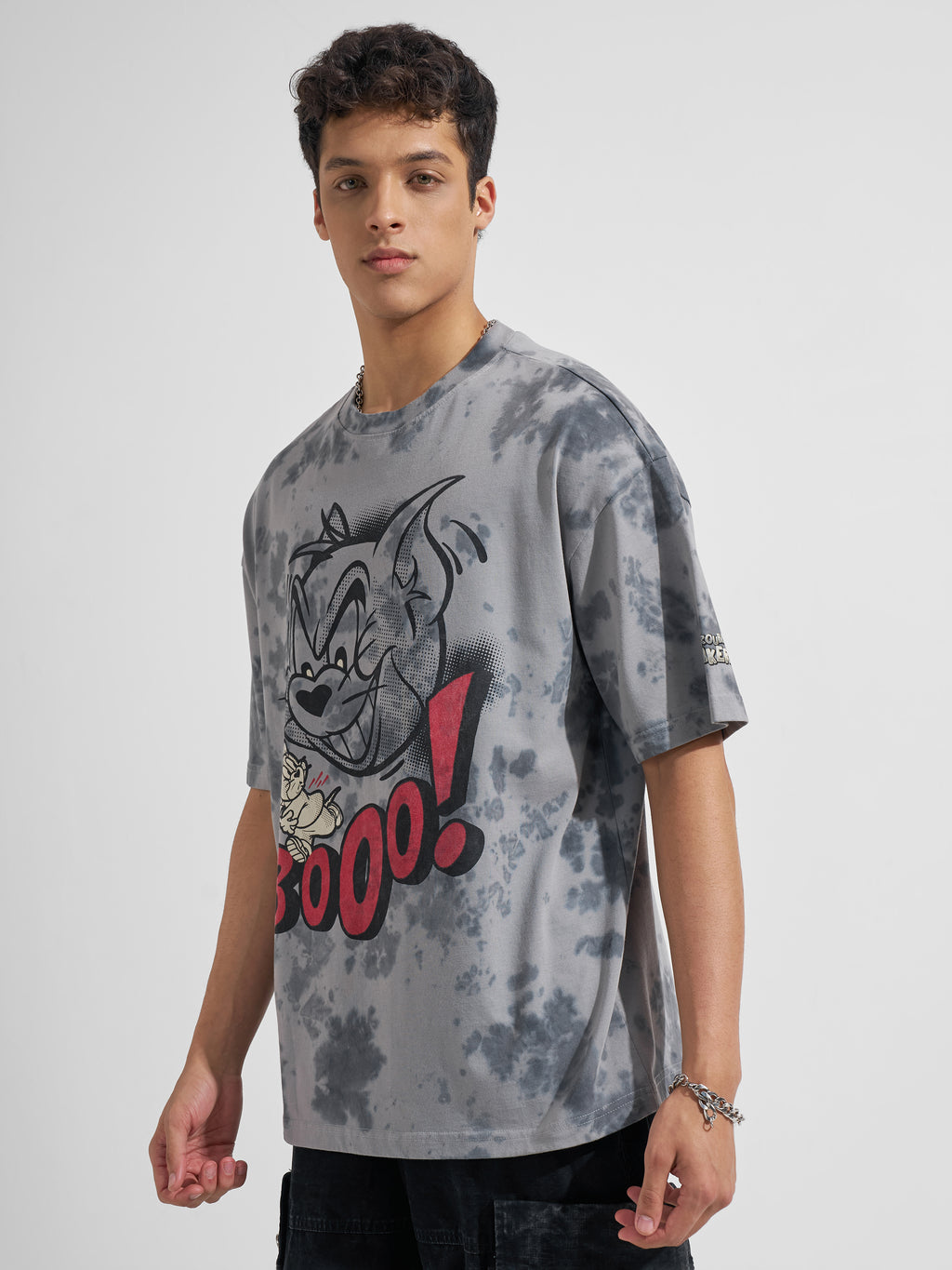 WB By Highlander Men Grey Tom And Jerry Printed Round Neck Oversized Fit T-Shirt