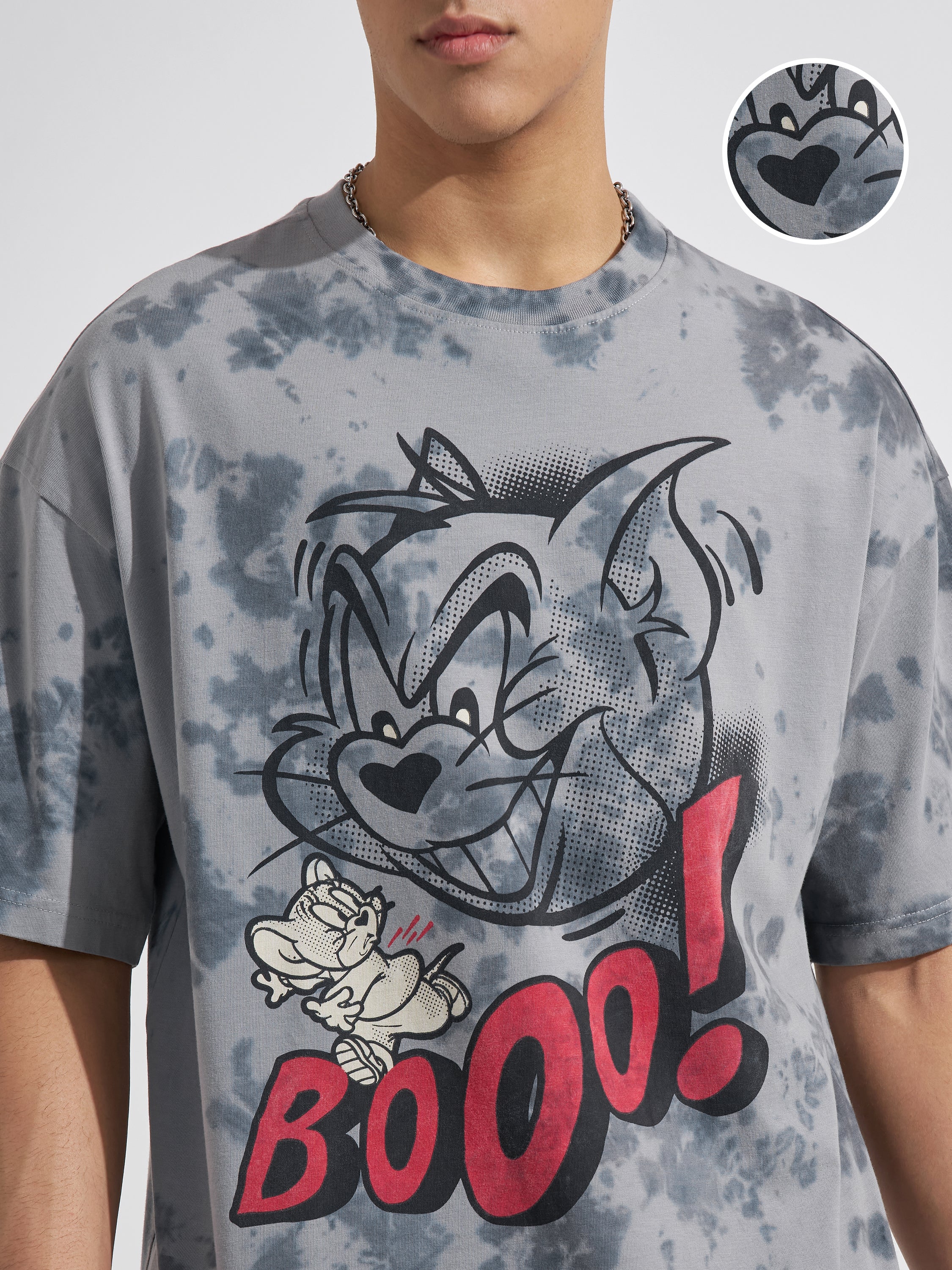 WB By Highlander Men Grey Tom And Jerry Printed Round Neck Oversized Fit T-Shirt