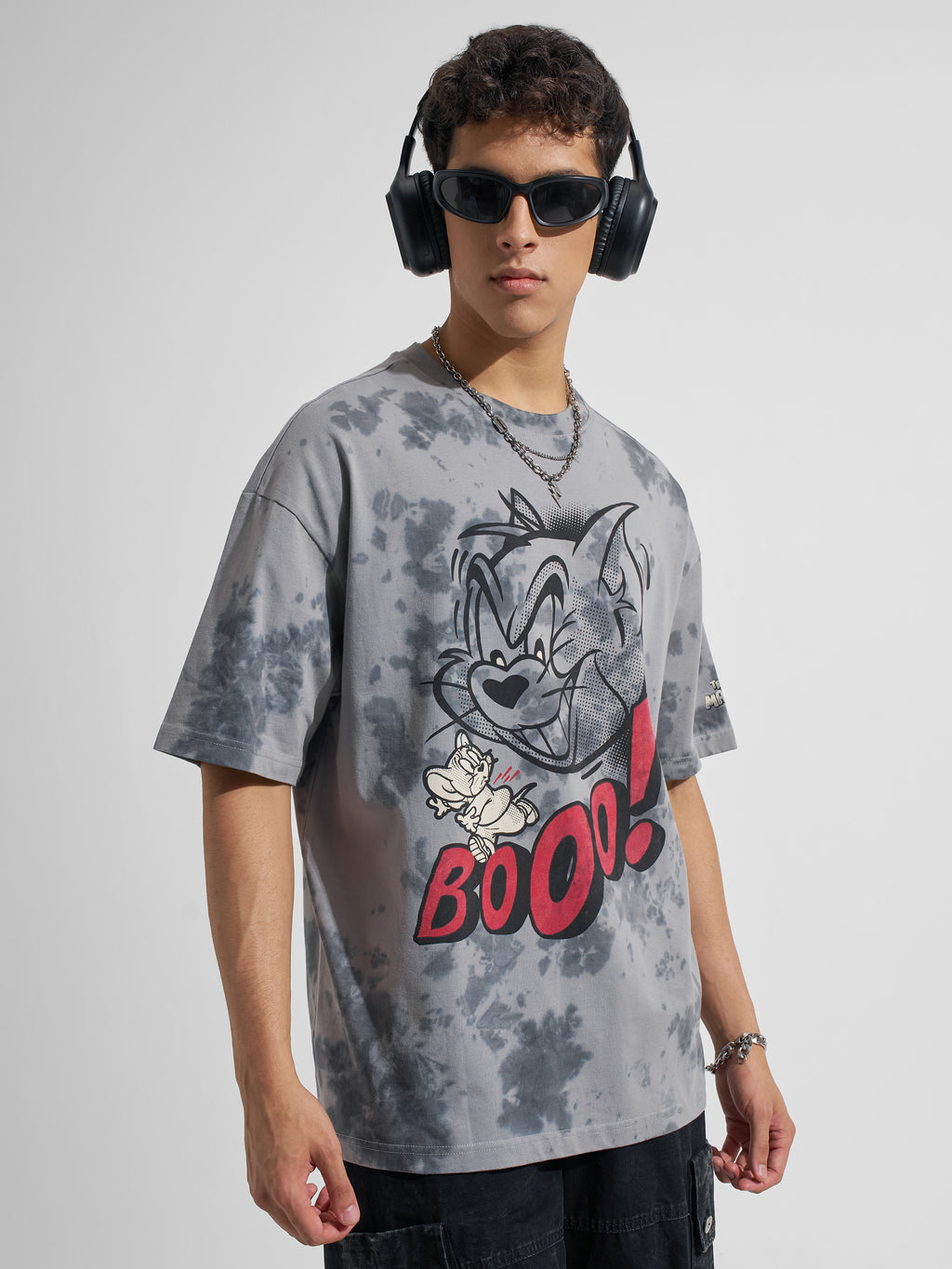WB By Highlander Men Grey Tom And Jerry Printed Round Neck Oversized Fit T-Shirt