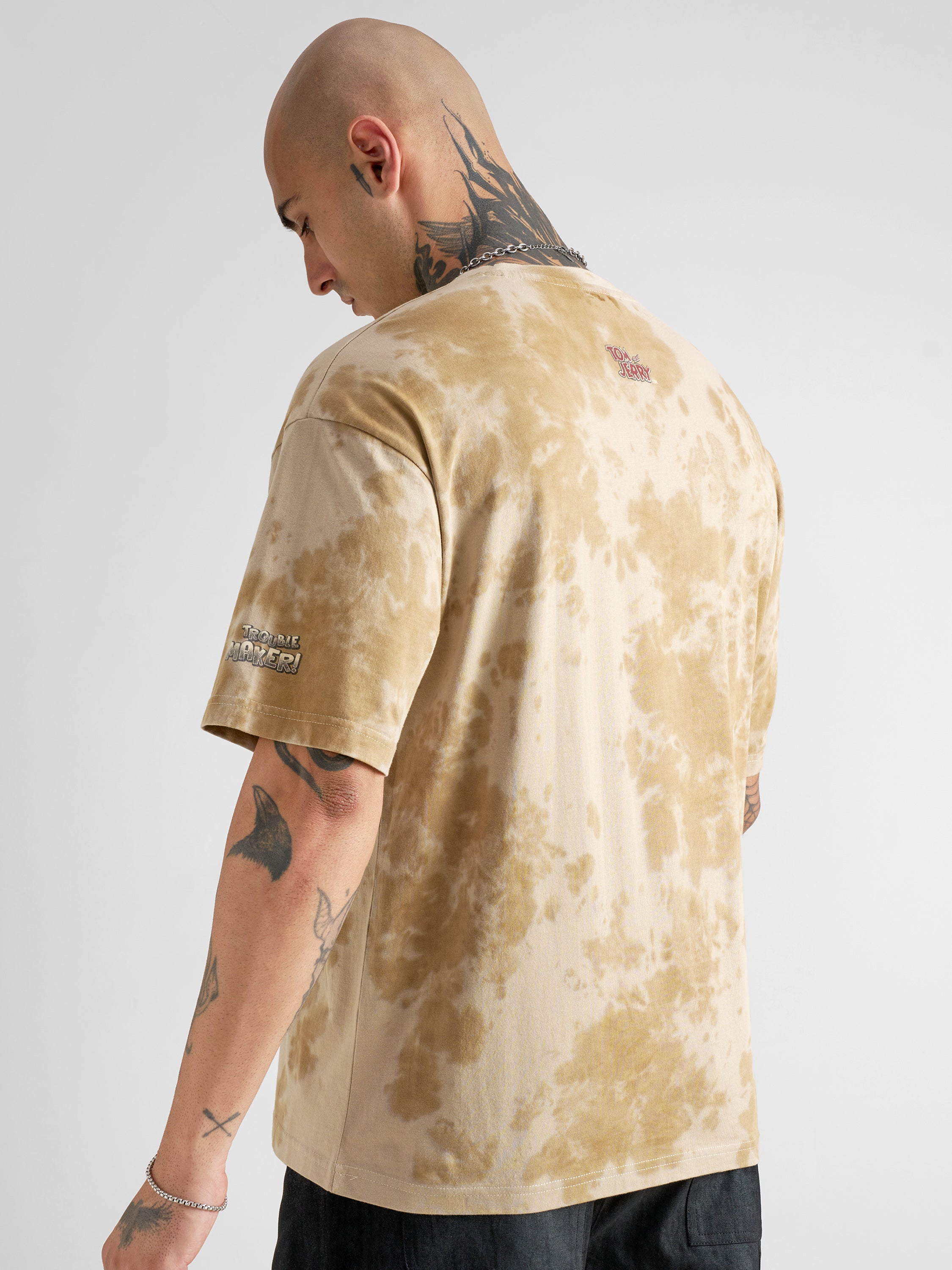 WB By Highlander Men Beige Tom And Jerry Printed Round Neck Oversized Fit T-Shirt - Beige - Image 3