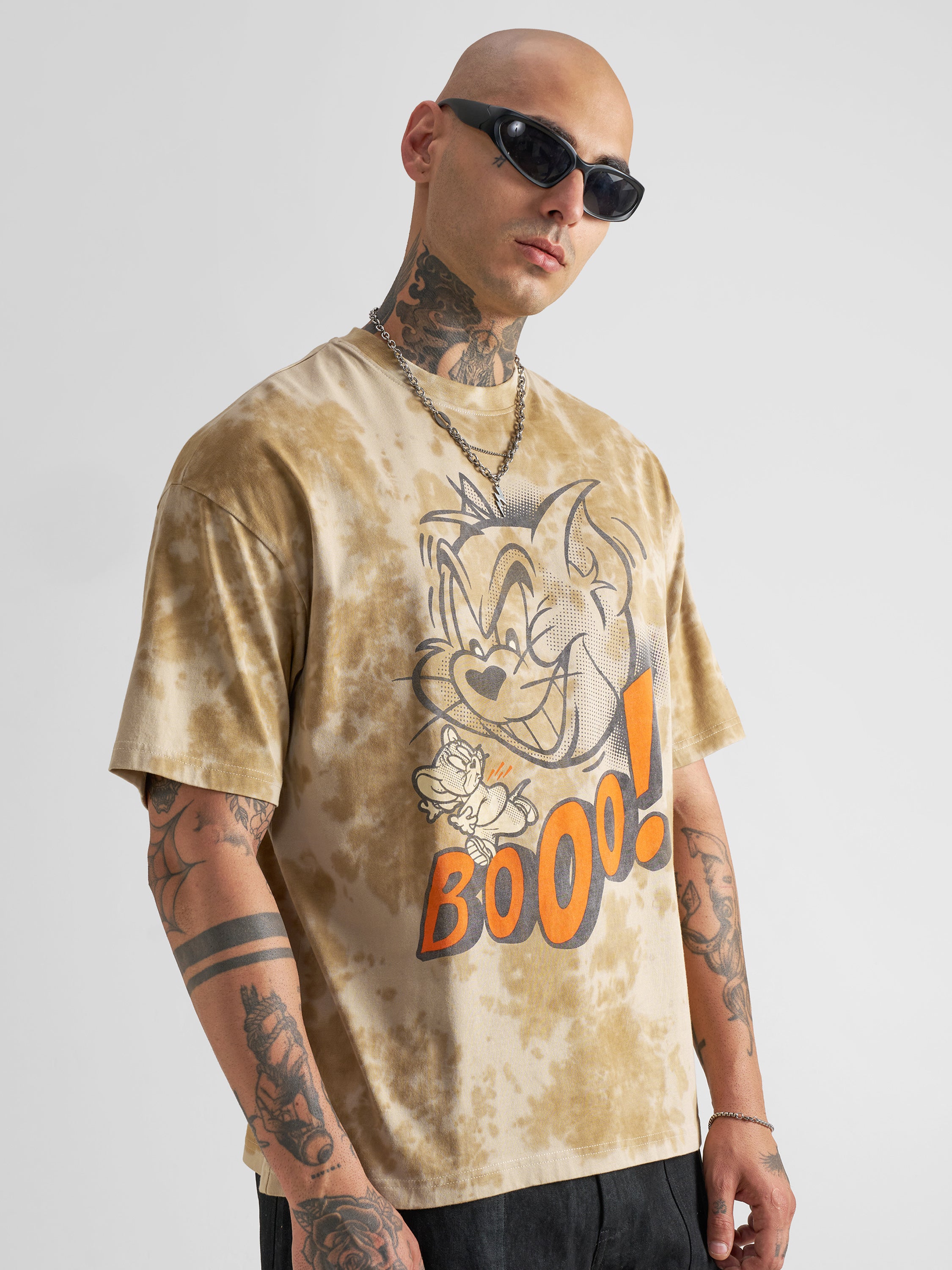 WB By Highlander Men Beige Tom And Jerry Printed Round Neck Oversized Fit T-Shirt - Beige - Image 6