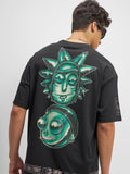 WB By Highlander Men Black Rick And Morty Printed Round Neck Oversized Fit T-Shirt