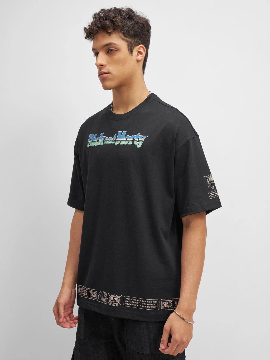 WB By Highlander Men Black Rick And Morty Printed Round Neck Oversized Fit T-Shirt