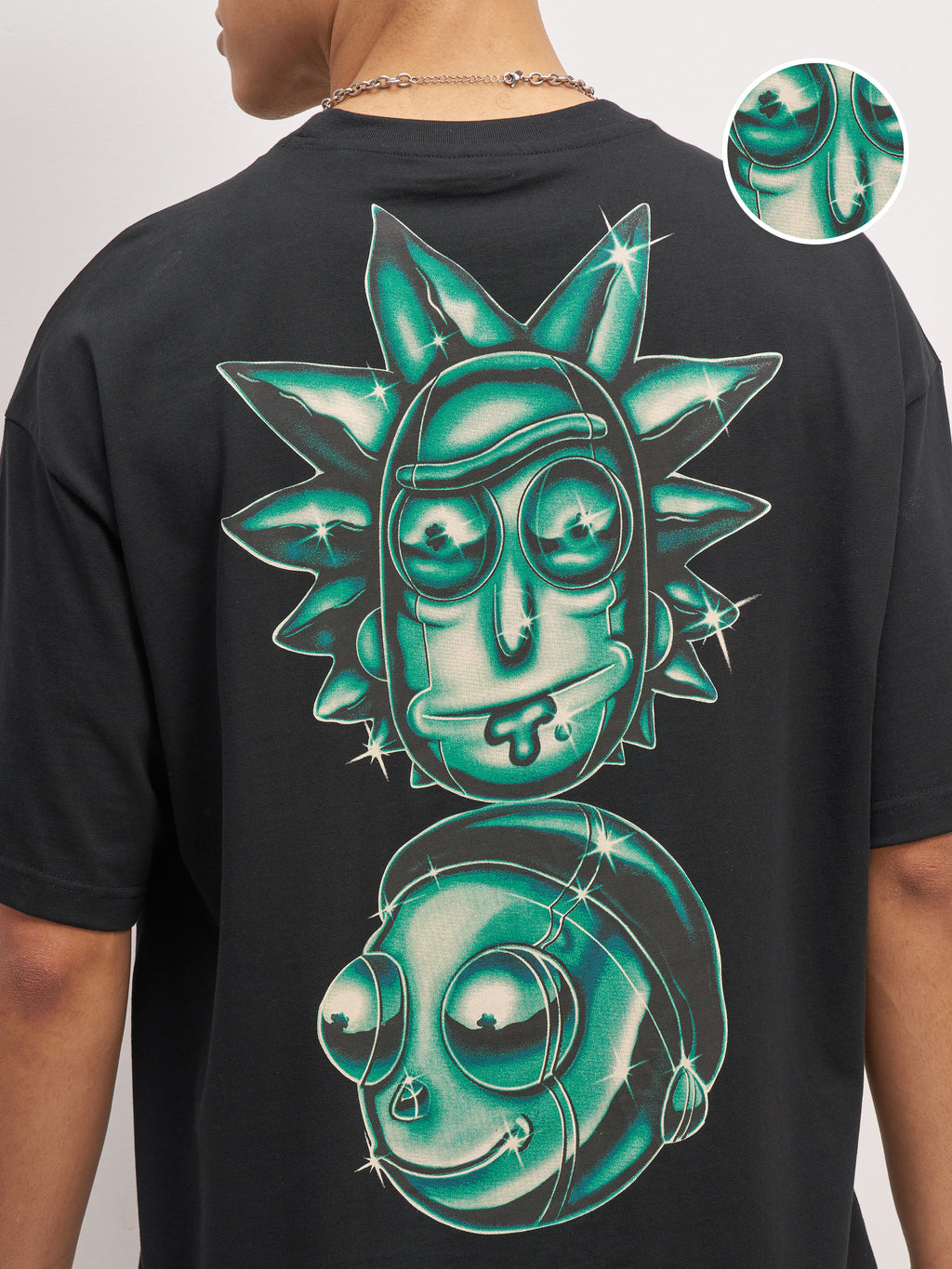 WB By Highlander Men Black Rick And Morty Printed Round Neck Oversized Fit T-Shirt