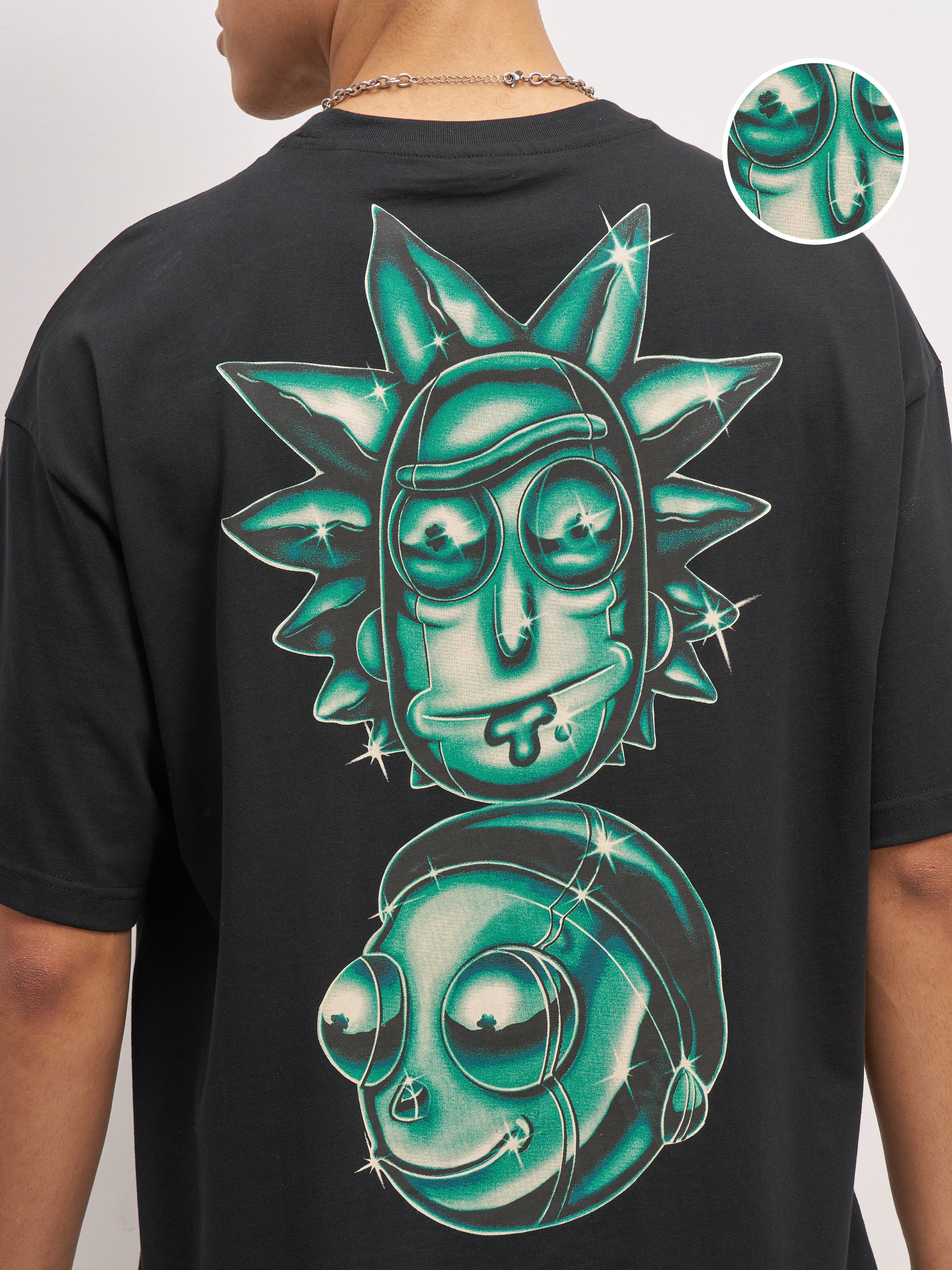 WB By Highlander Men Black Rick And Morty Printed Round Neck Oversized Fit T-Shirt