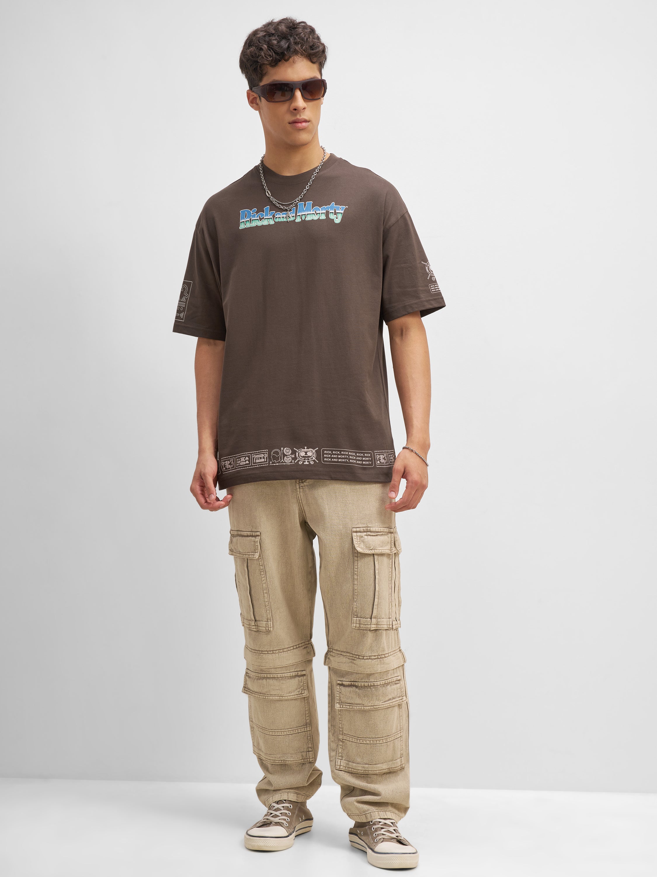 WB By Highlander Men Brown Rick And Morty Printed Round Neck Oversized Fit T-Shirt
