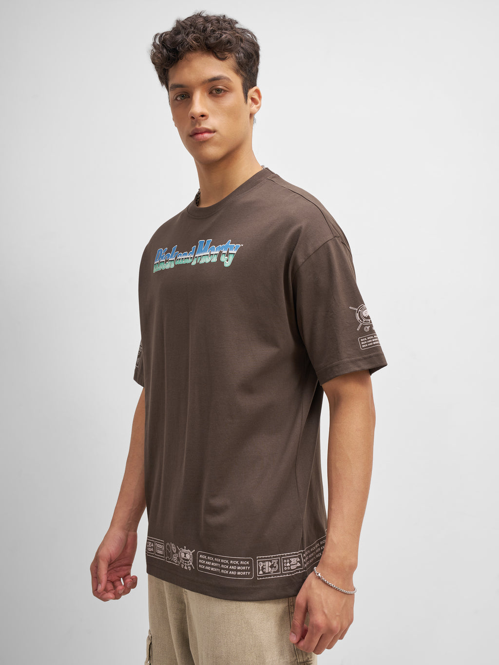 WB By Highlander Men Brown Rick And Morty Printed Round Neck Oversized Fit T-Shirt